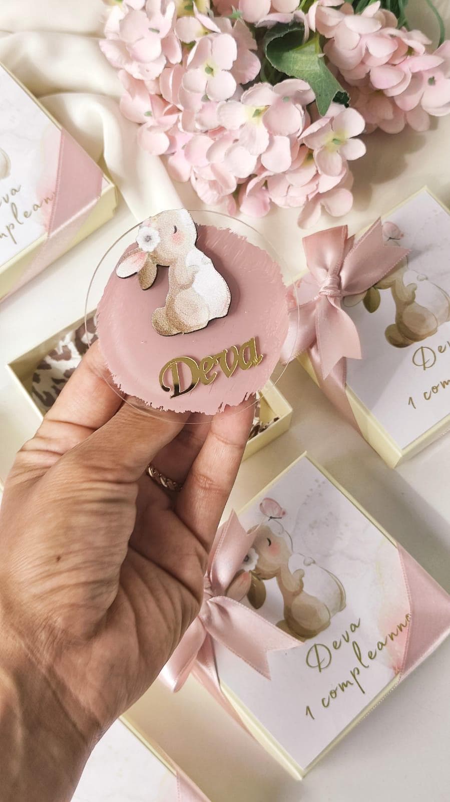 rabbit baby birthday party favors, personalized magnets,