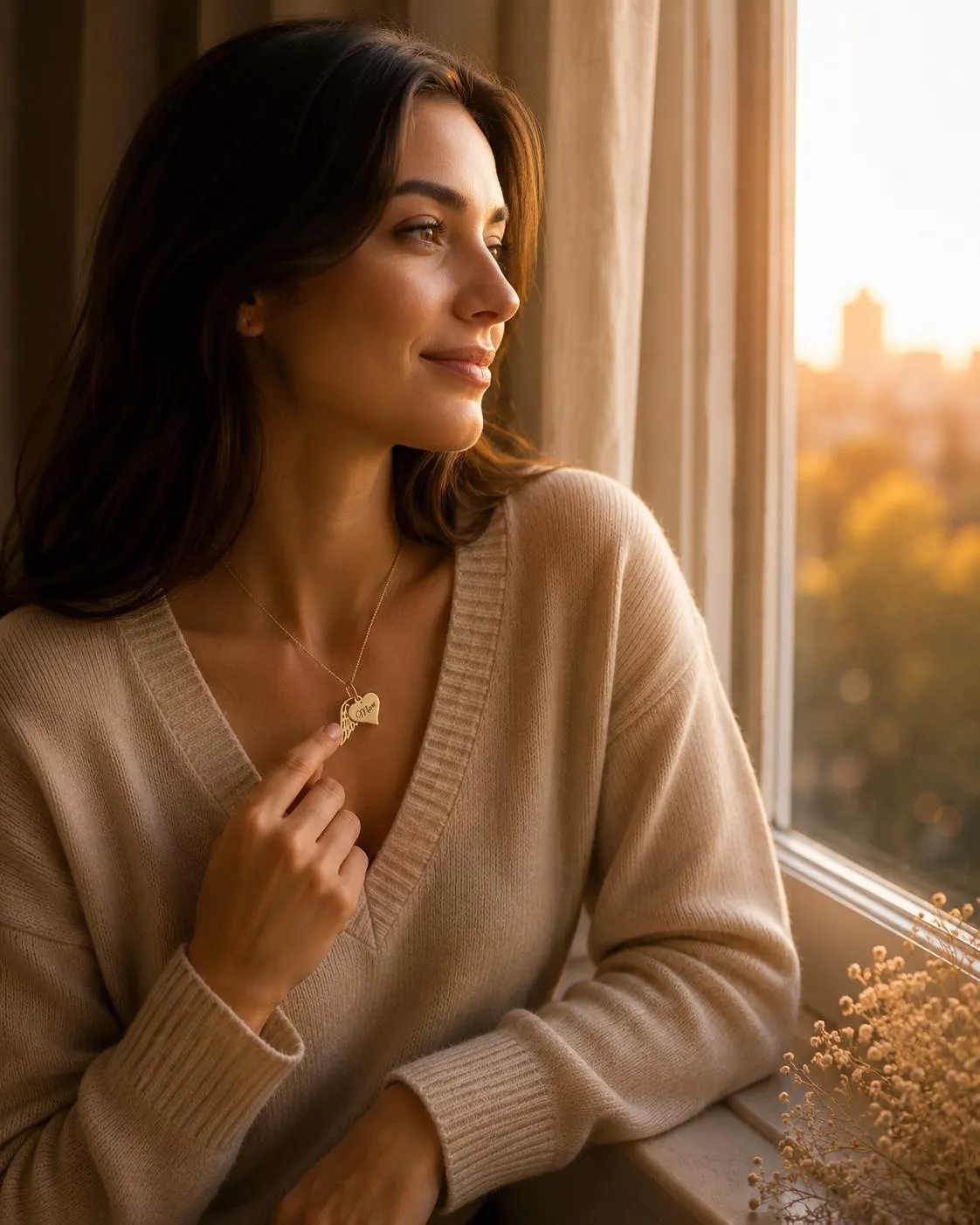 A woman with long dark hair is leaning against a window, looking out at a cityscape with a warm, golden glow from the setting sun.