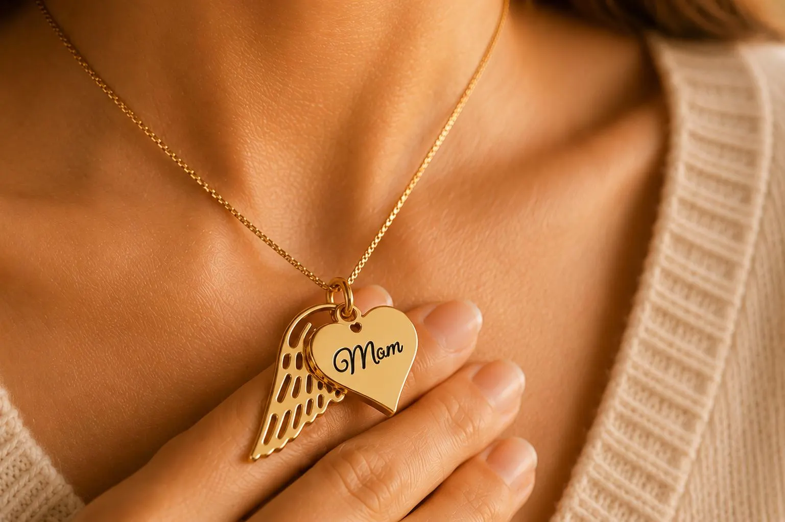 A close-up of a person's neck and chest wearing a gold necklace with a heart-shaped pendant that says "Mum" engraved on it.