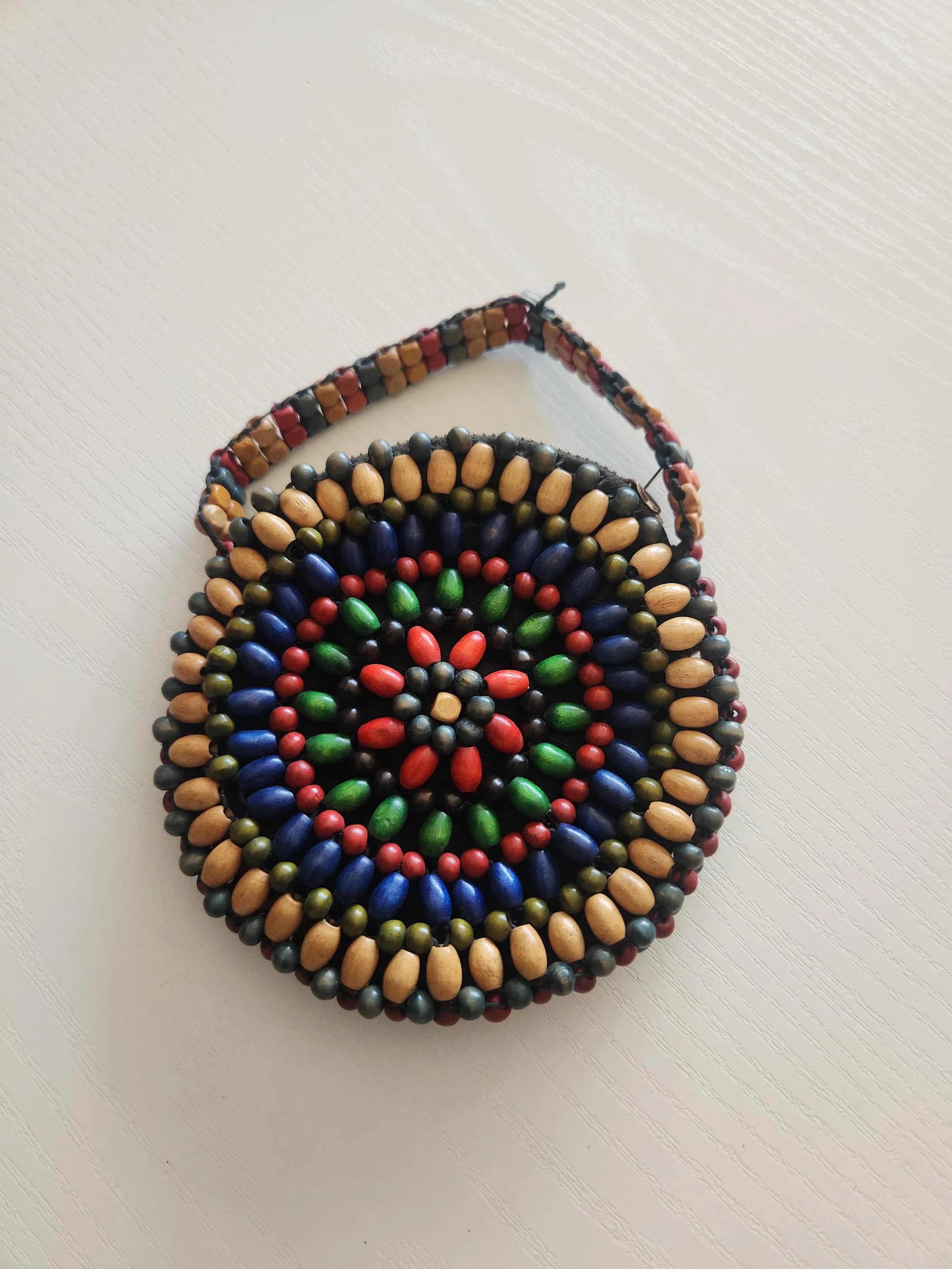 Vintage Wooden Beaded Mini Purse – Colorful Retro Handbag