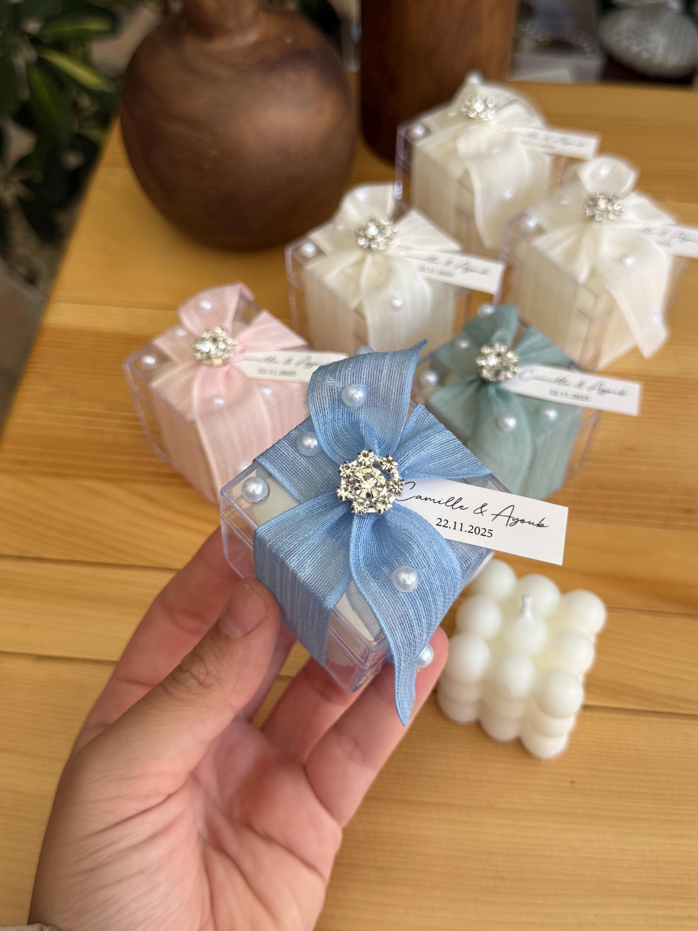 Bubble Candle Wedding Favor, Pearl Decorated Boxed Candle - image 5