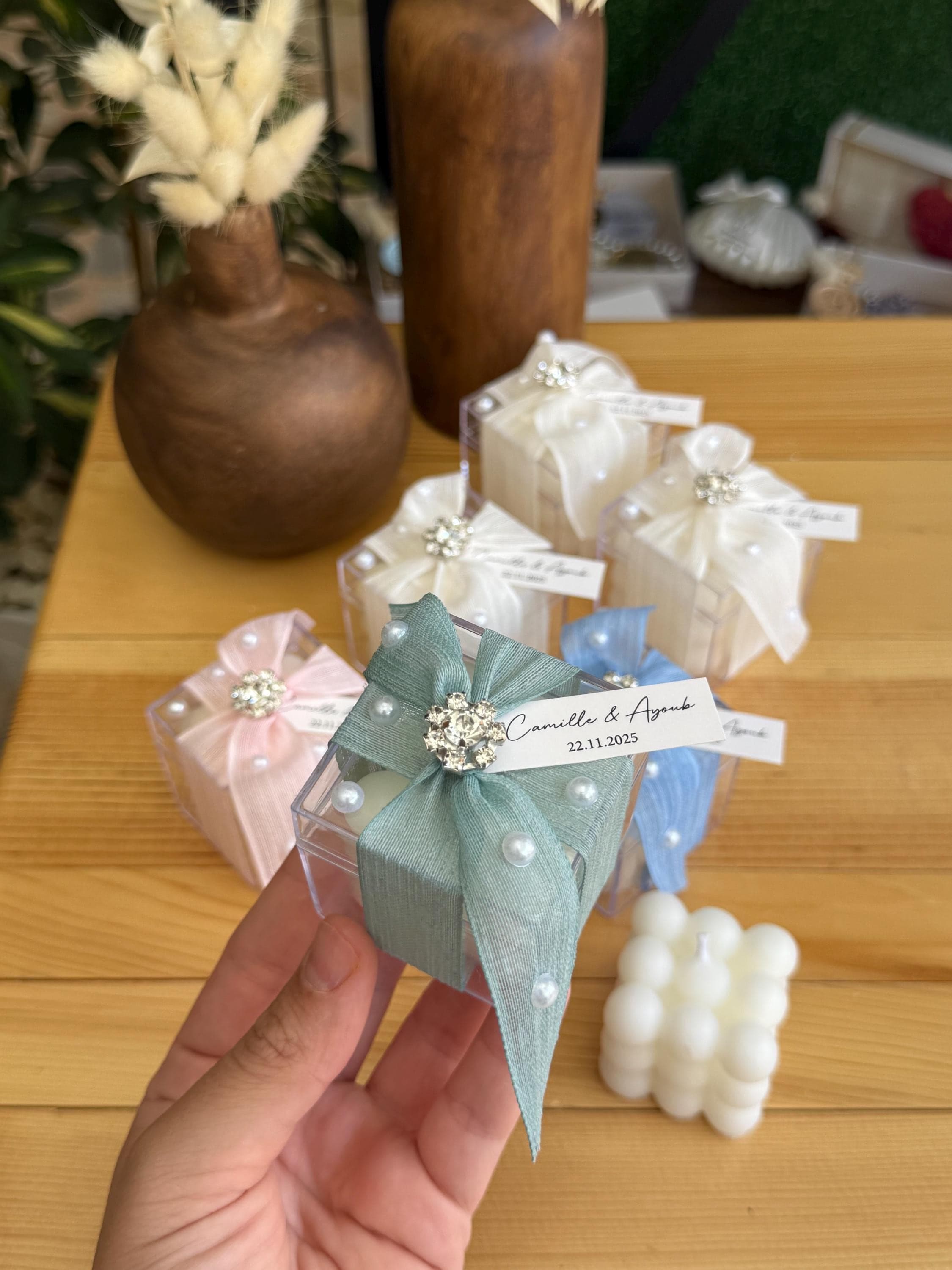 Bubble Candle Wedding Favor, Pearl Decorated Boxed Candle