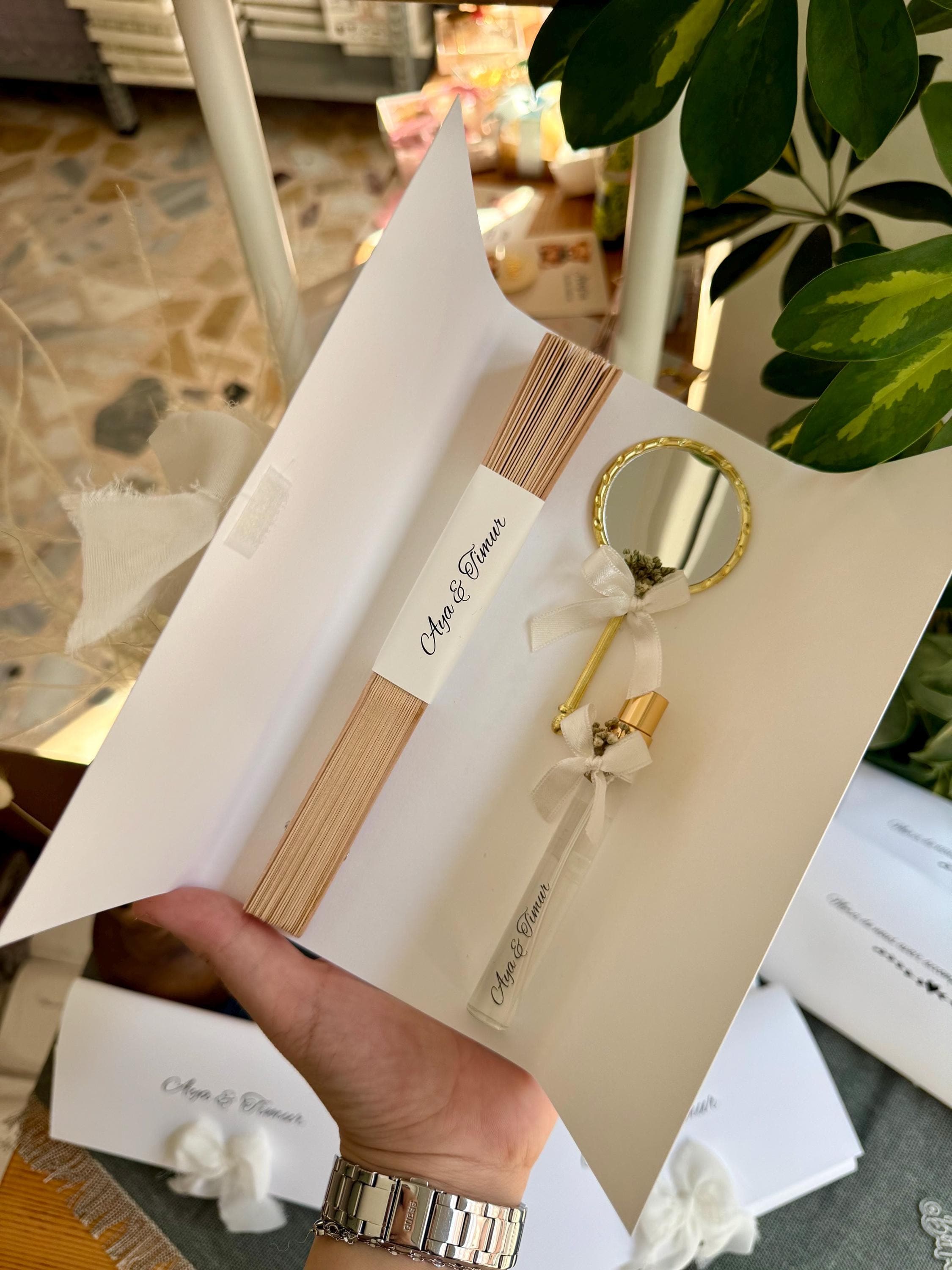 Premium Bridal Shower Gift, Fan:  Mirror and perfume bottle on a card, Bride to be favors - image 4