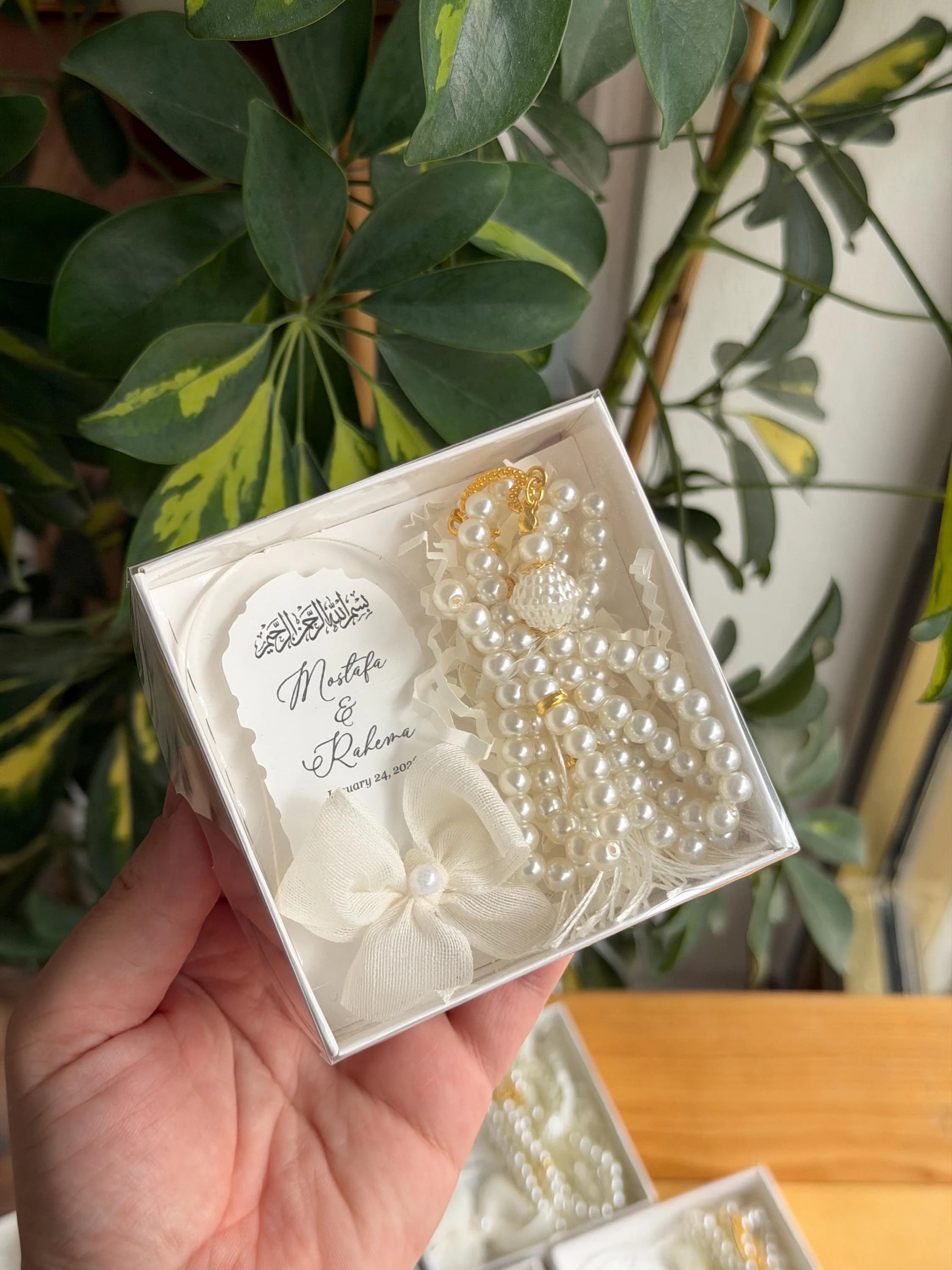 Personalized magnet and pearl rosary box: Islamic wedding favor, Muslim Wedding Favors
