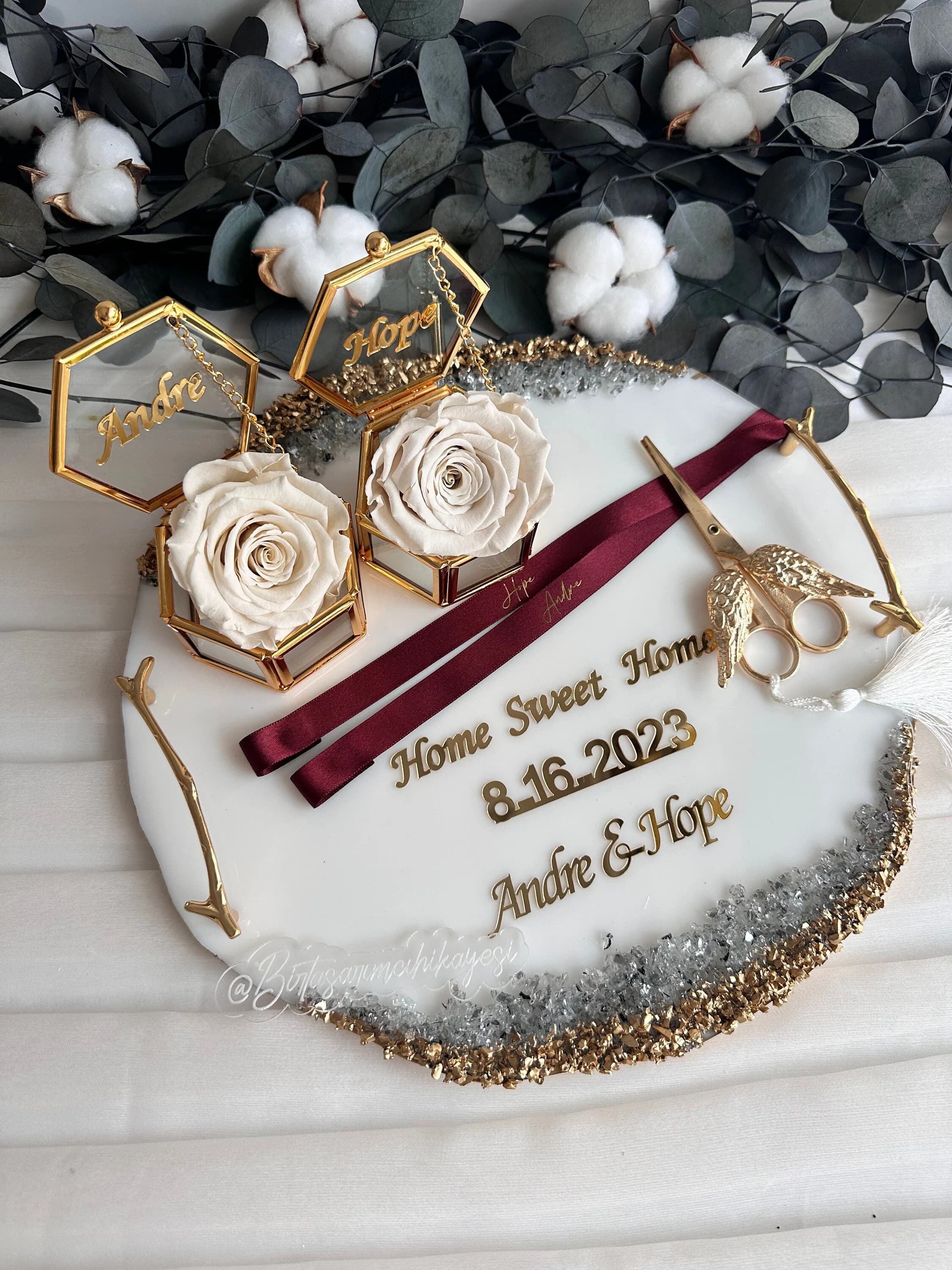 Personalized Epoxy Engagement Tray Set: Ring Box, Ribbon & Scissors
