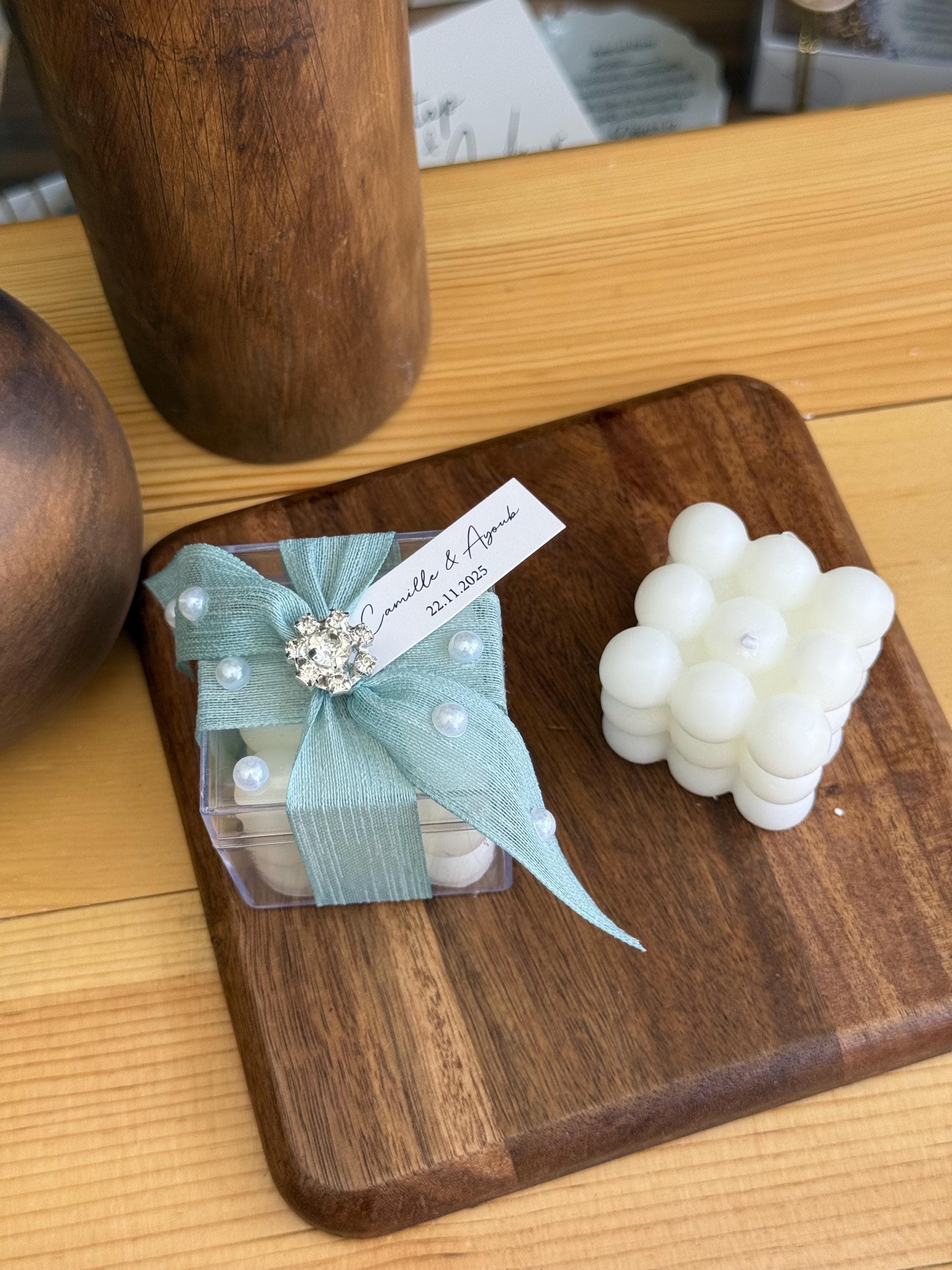 Bubble Candle Wedding Favor, Pearl Decorated Boxed Candle - image 3