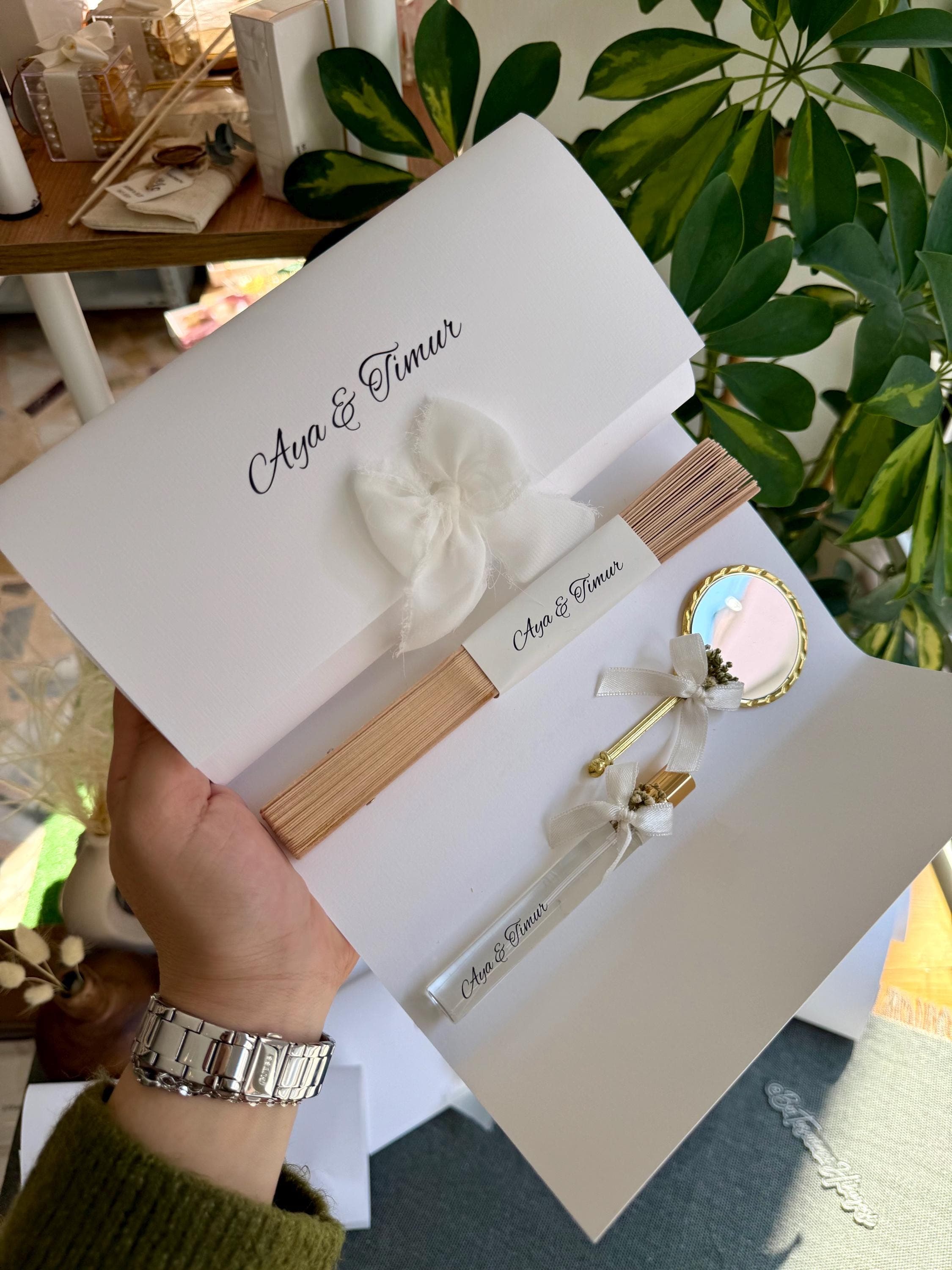 Premium Bridal Shower Gift, Fan:  Mirror and perfume bottle on a card, Bride to be favors