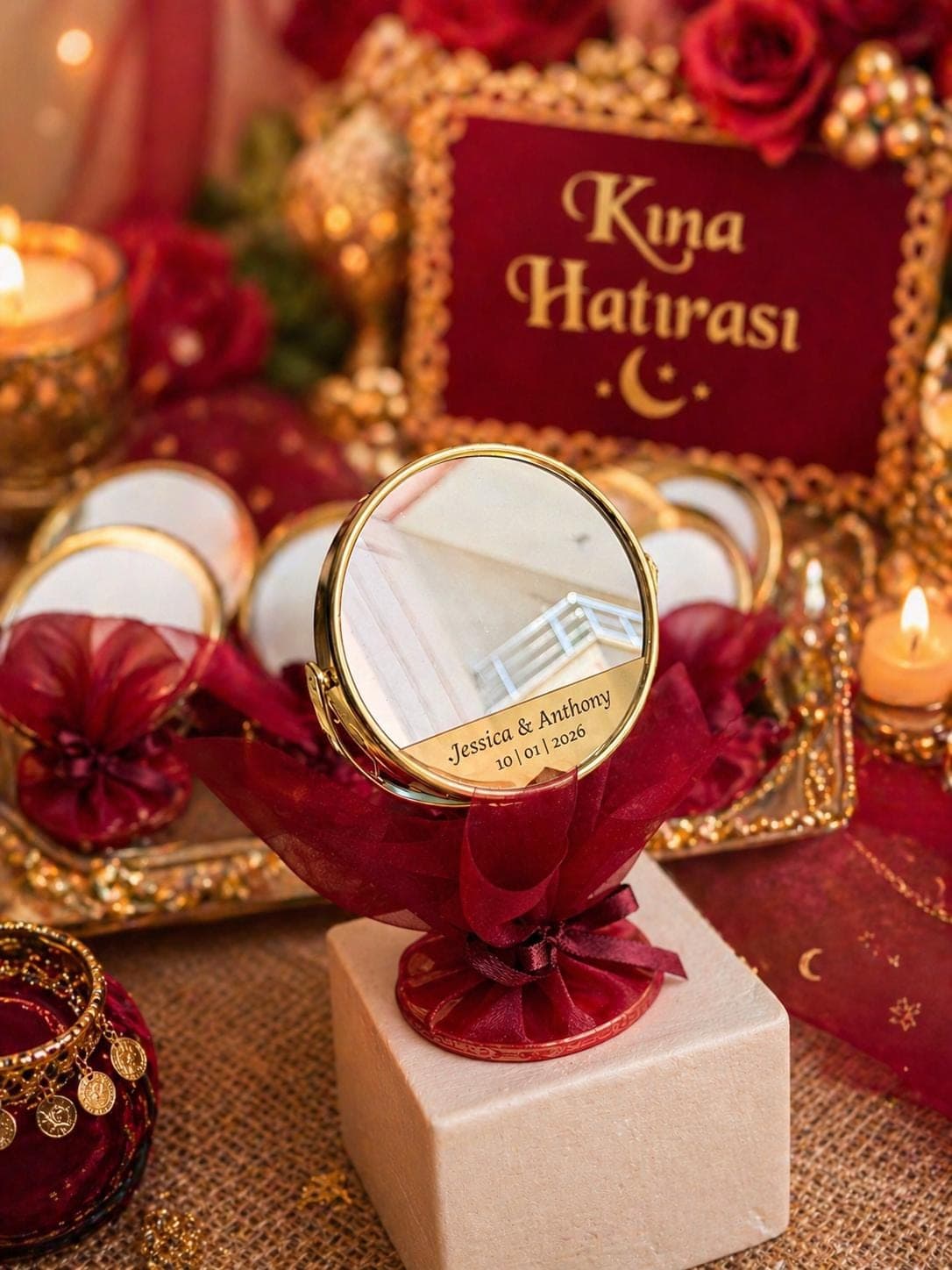 Custom Gold Compact Mirror Henna Favor: Personalized Makeup mirror, Bridesmaid favors
