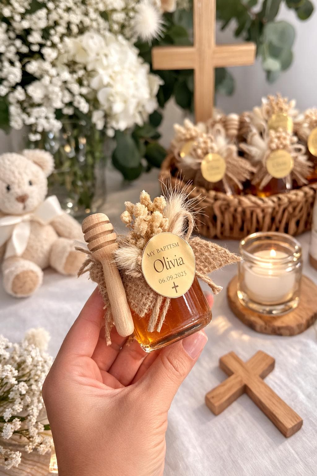 Personalized christening gift honey jar: Mi Bautizo, Baptism favors, Welcome Baby