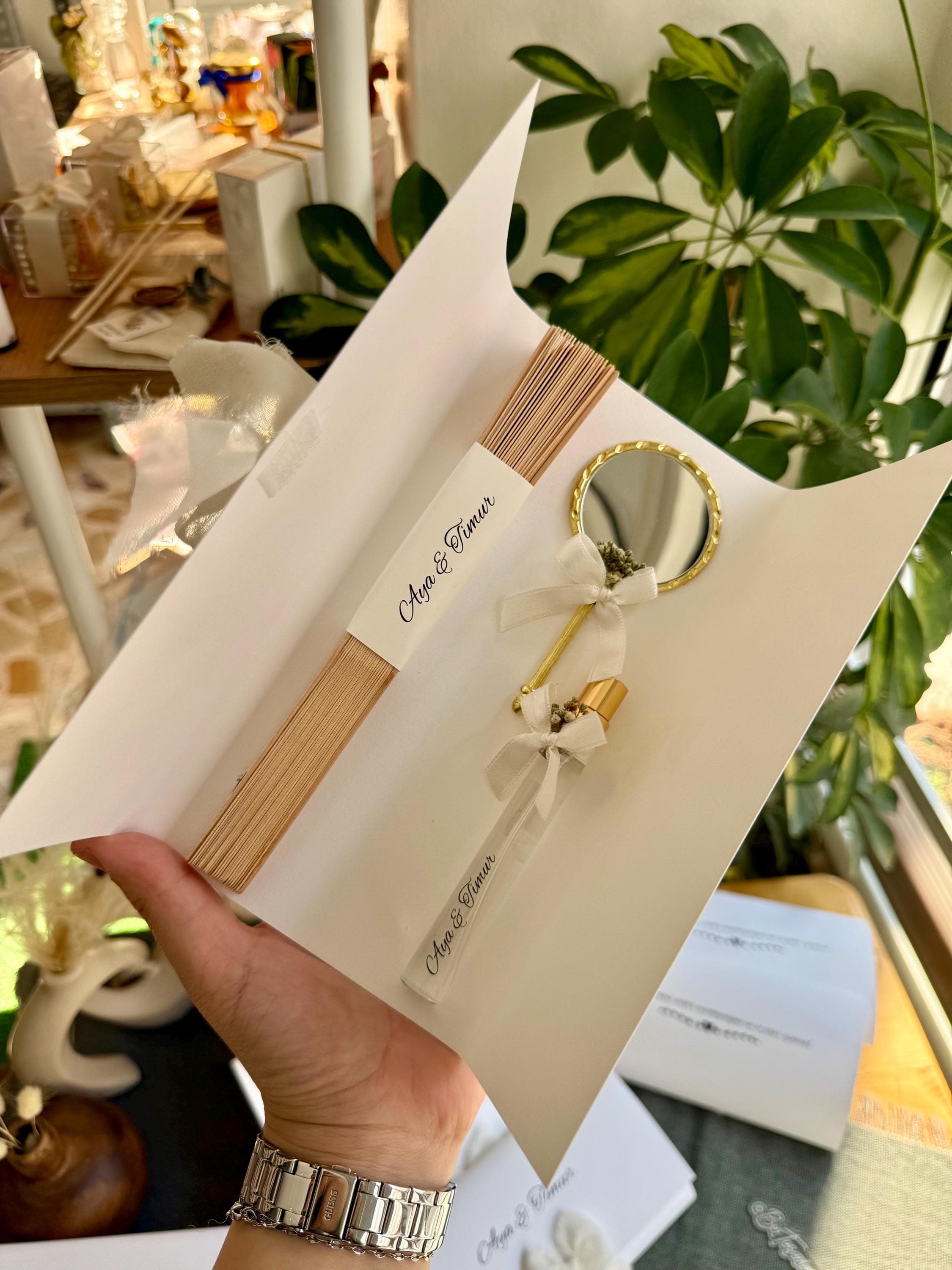 Premium Bridal Shower Gift, Fan:  Mirror and perfume bottle on a card, Bride to be favors - image 3