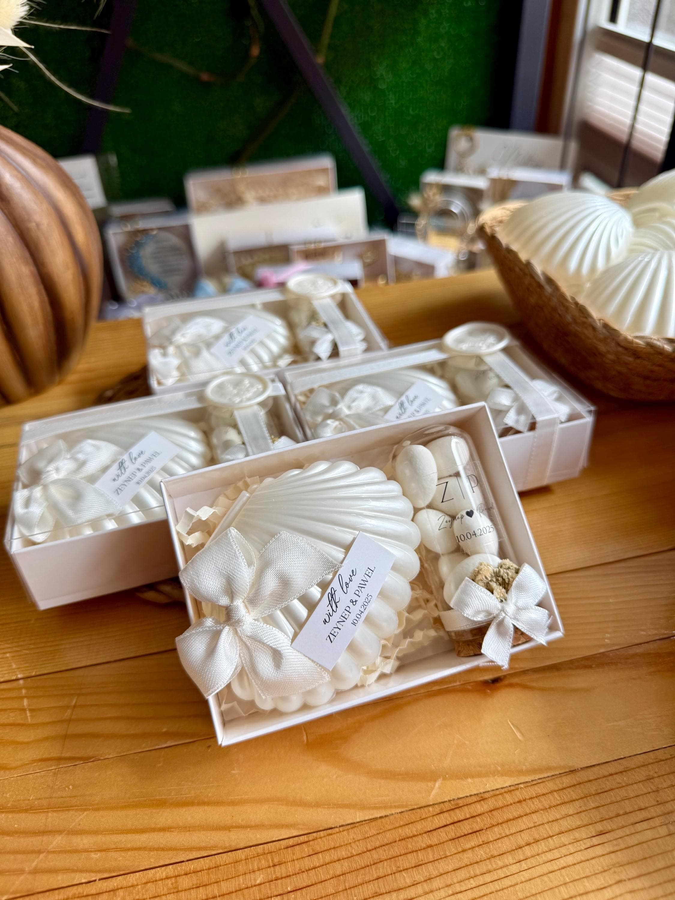 Oyster candle and almond candy in a box; personalized candle gifts, wedding favors - image 5