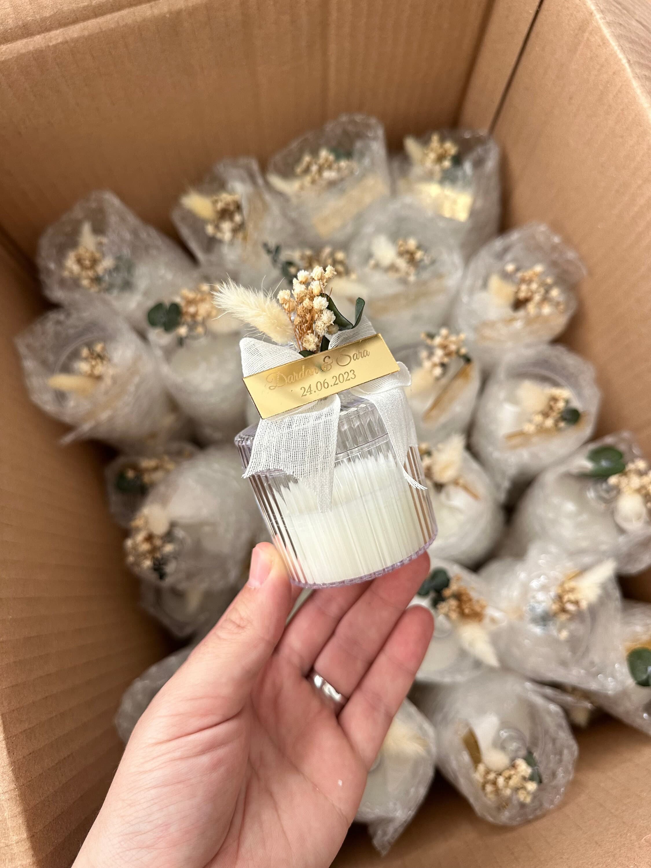 Personalized Wedding Candle Favors: Dried Flowers, Elegant Bulk Guest Gift