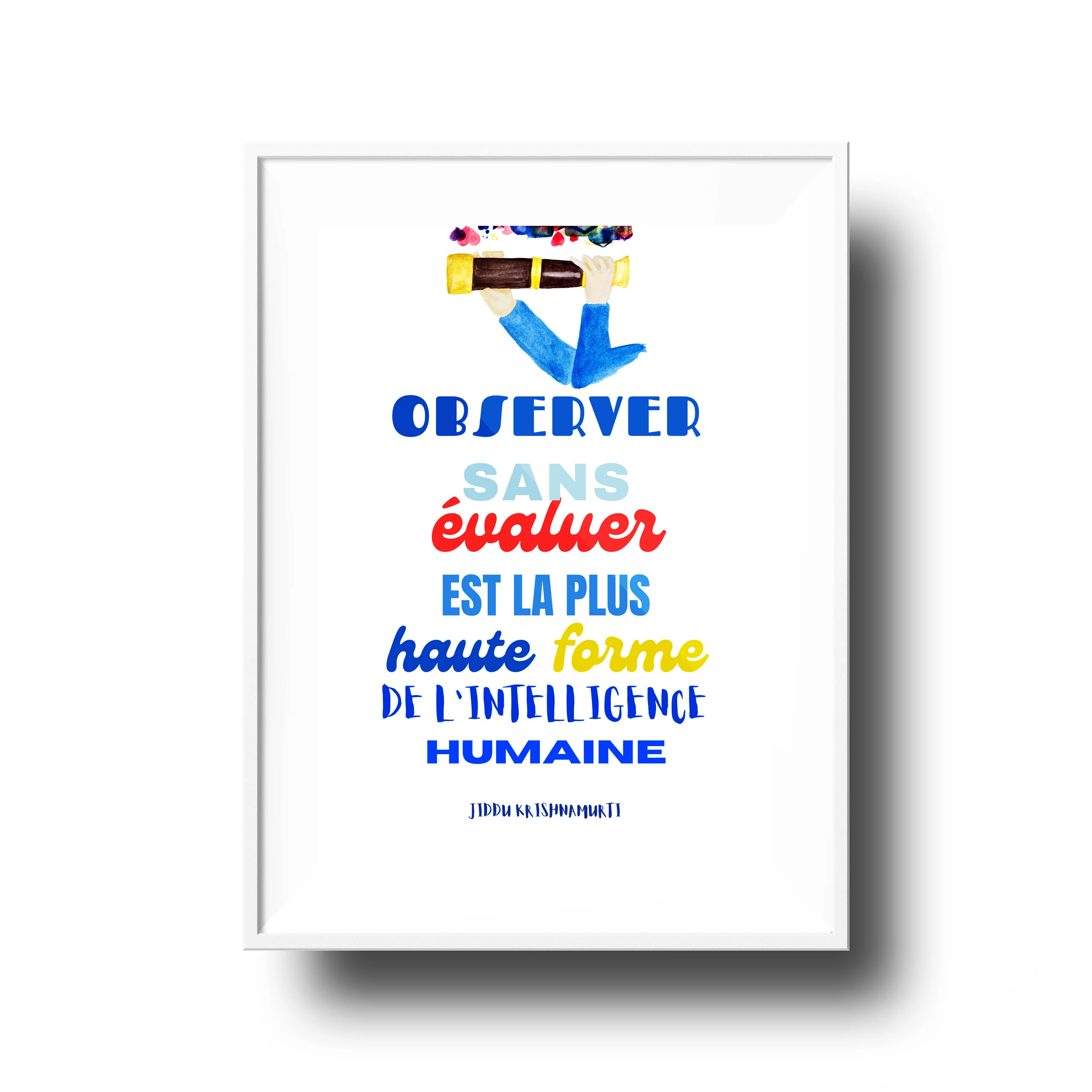 Jiddu Krishnamurti Imprimer, Krishnamurti citation en français, Observer sans évaluer, affiche communication non violente, aquarelle marin