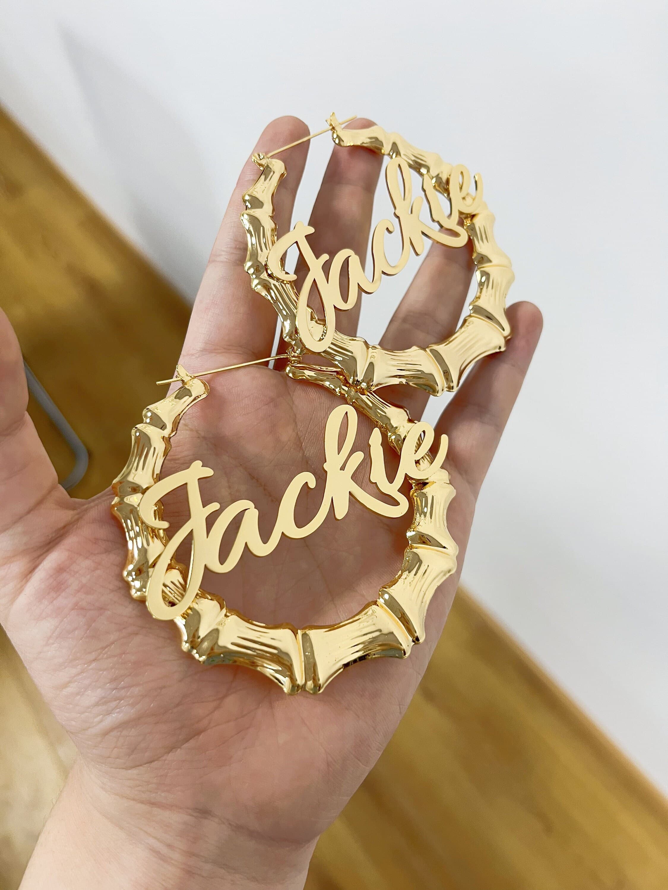Custom Name Bamboo Hoop Earrings, Personalized Jewelry Gift