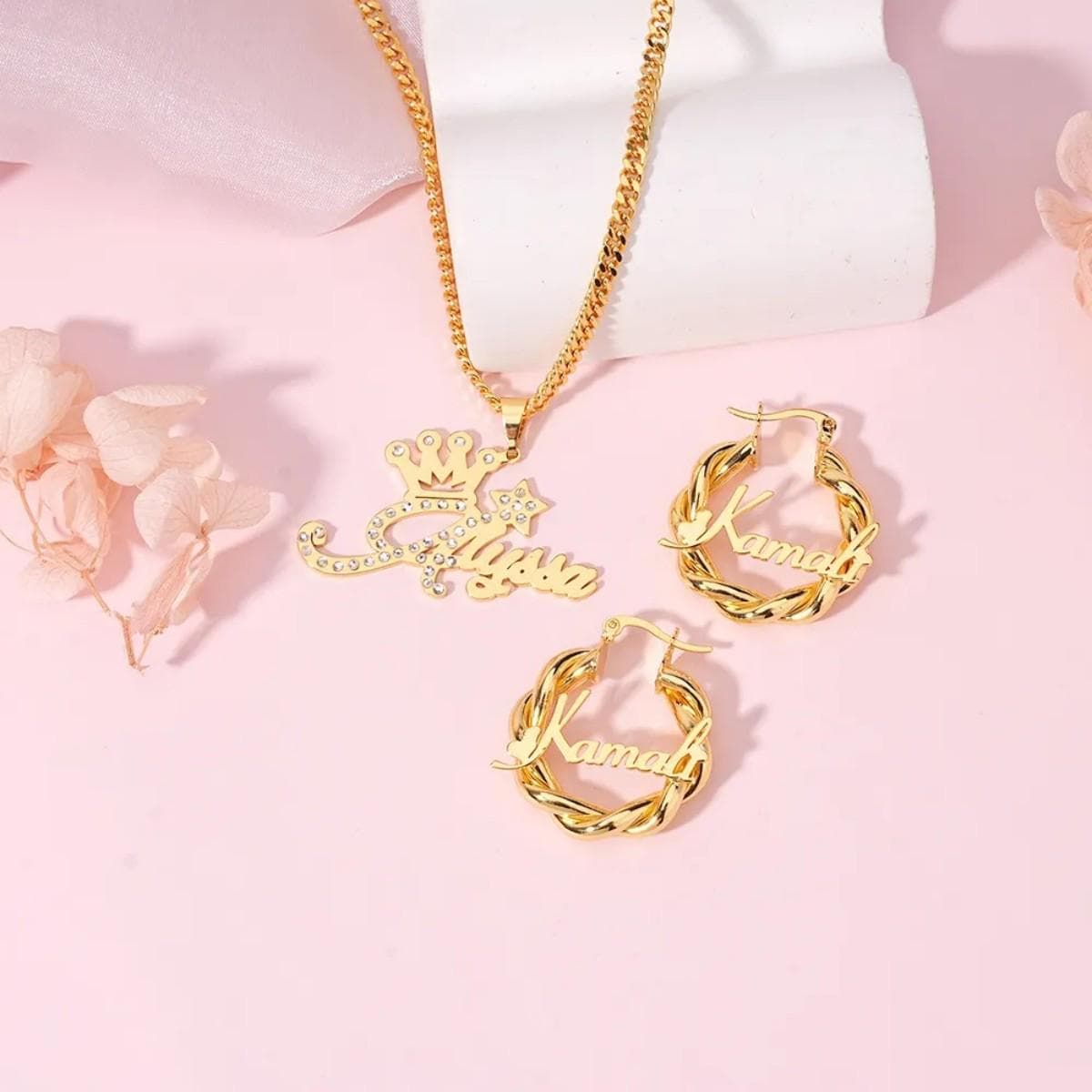 Custom Diamond Name Necklace and Hoop Earrings, Kids Jewelry Set - image 4
