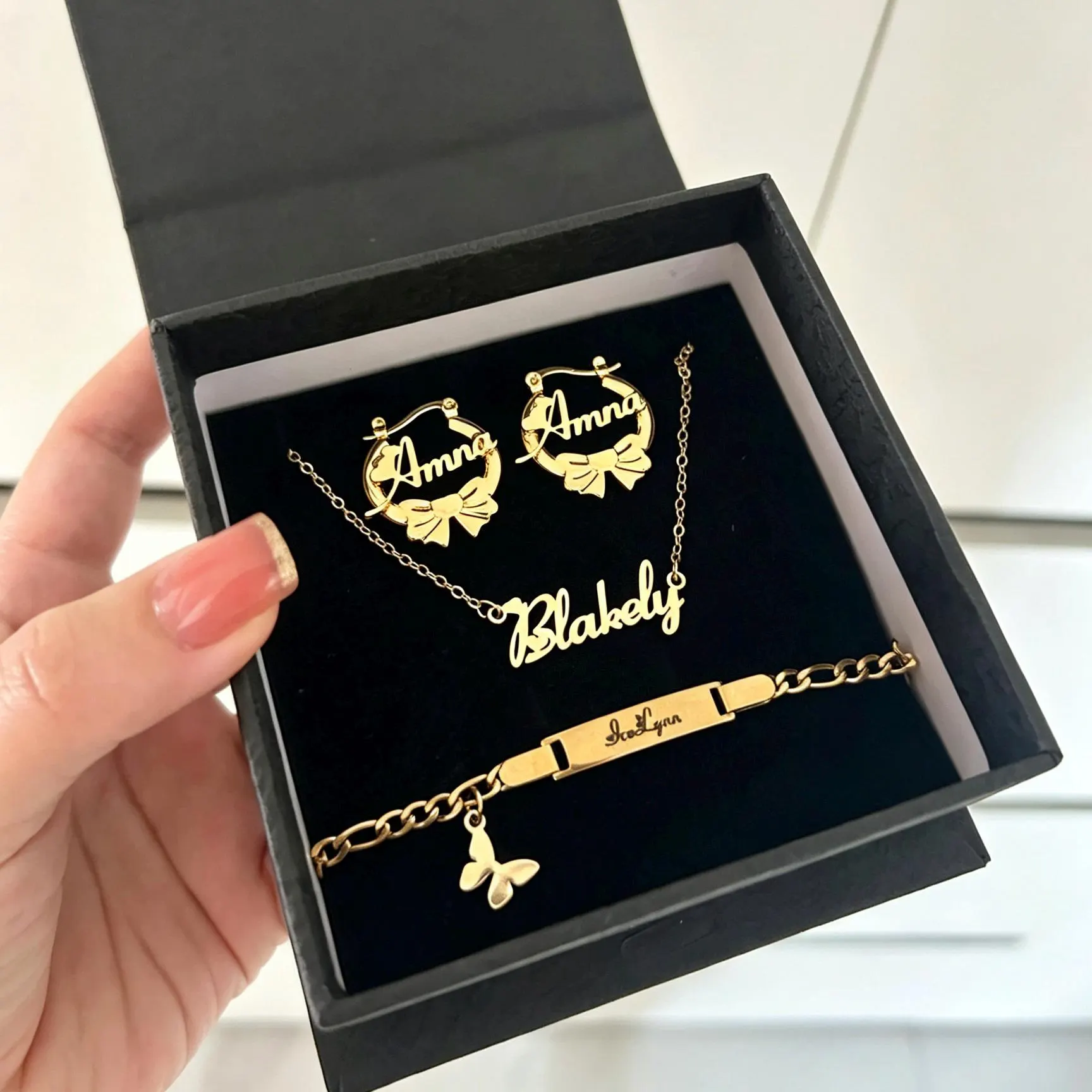 Custom Kids Jewelry Set: Gold Name Necklace, Bracelet, Earrings, Gifts For Her