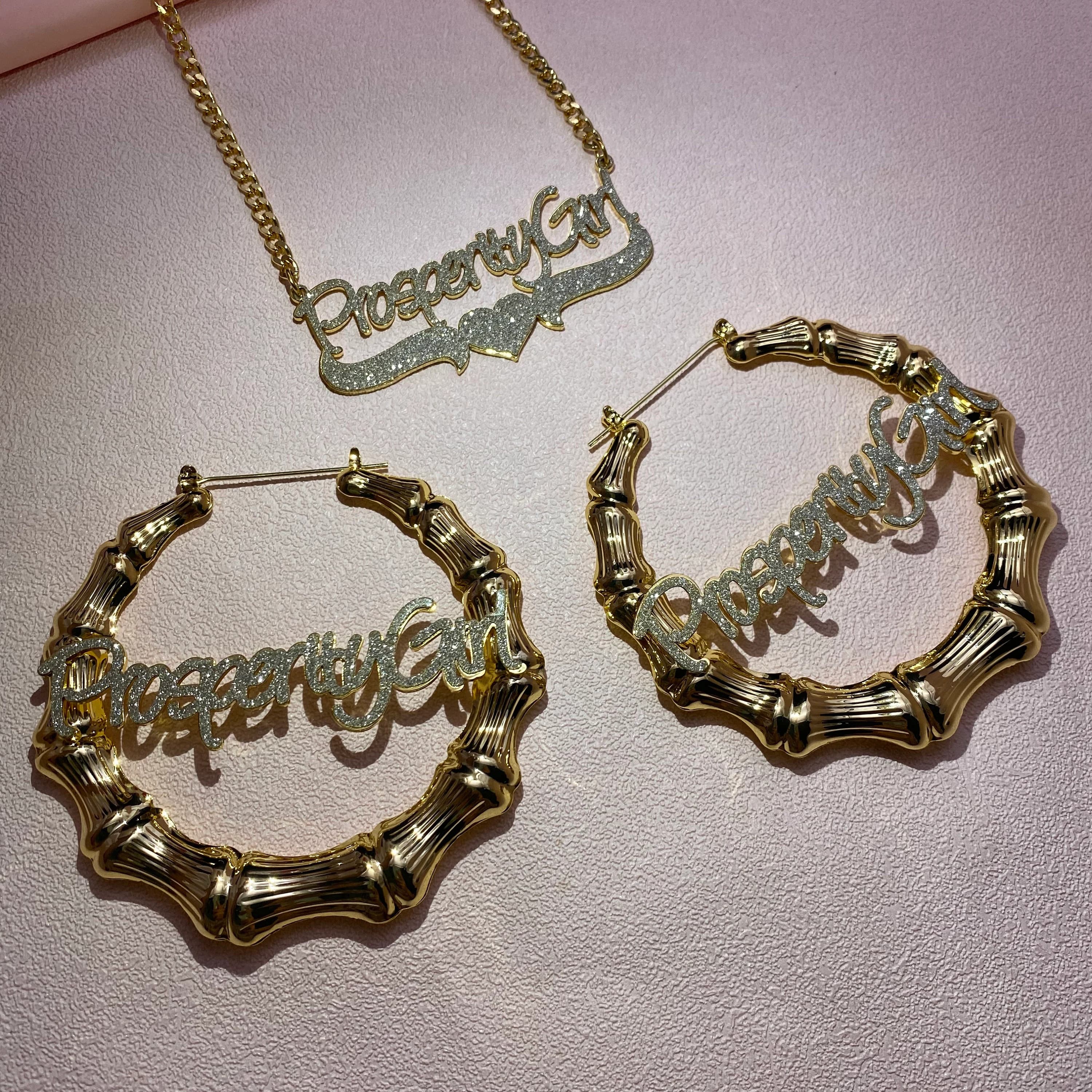 Custom Name Bamboo Earrings Necklace Set, Personalized Bling Jewelry - image 3