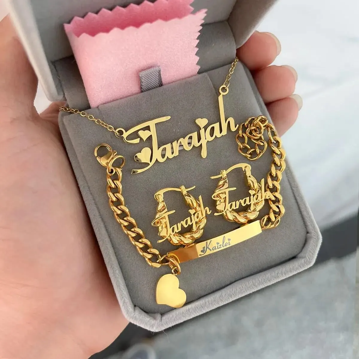 Custom Baby Jewelry Set, Kids Bangle Earrings, Nameplate Neckalce, Gold Name Bracelet, Name Plate Jewelry, Women Name Earring, Gift For Kids - image 5