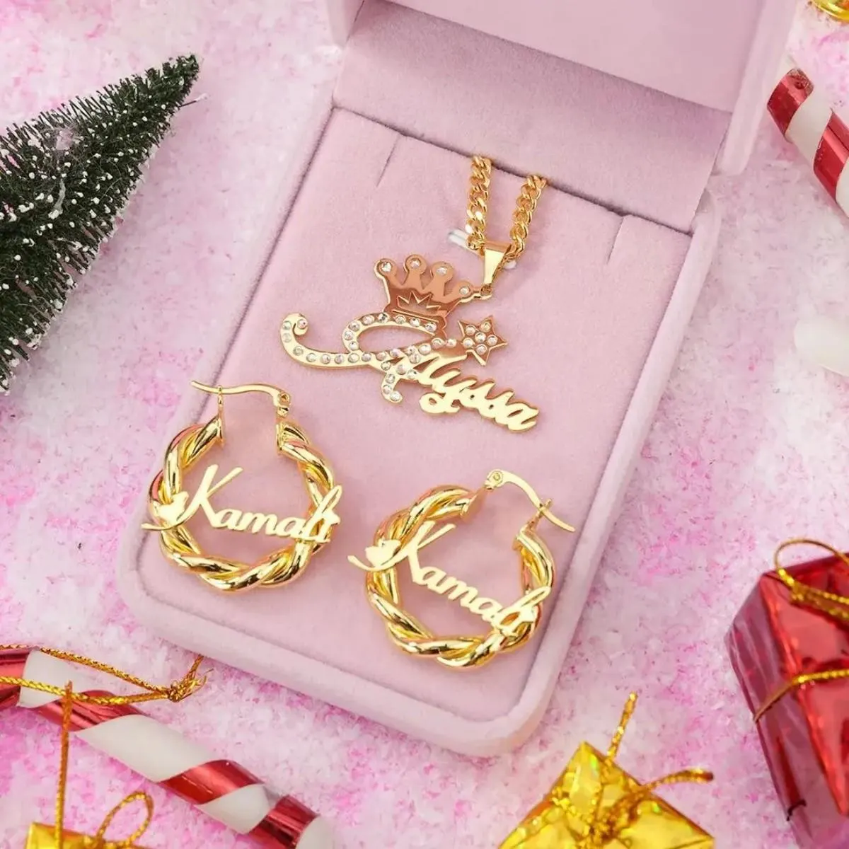 Custom Diamond Name Necklace and Hoop Earrings, Kids Jewelry Set