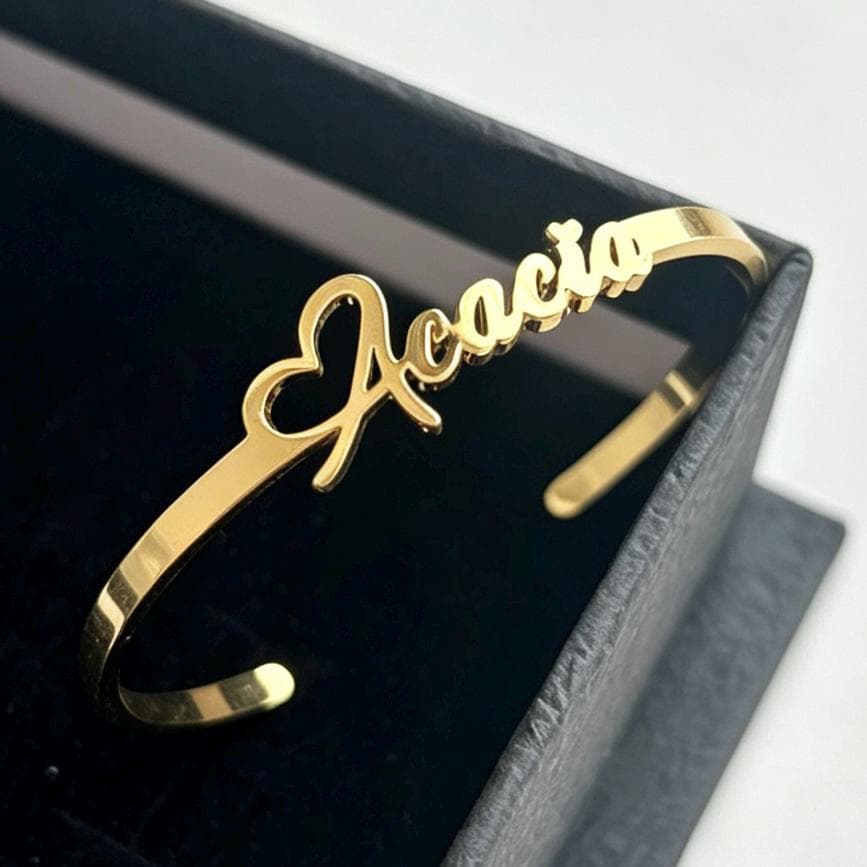 Custom Kids Name Cuff Bracelet: Gold Stainless Steel Open Cuff Bangle, Gift for Women