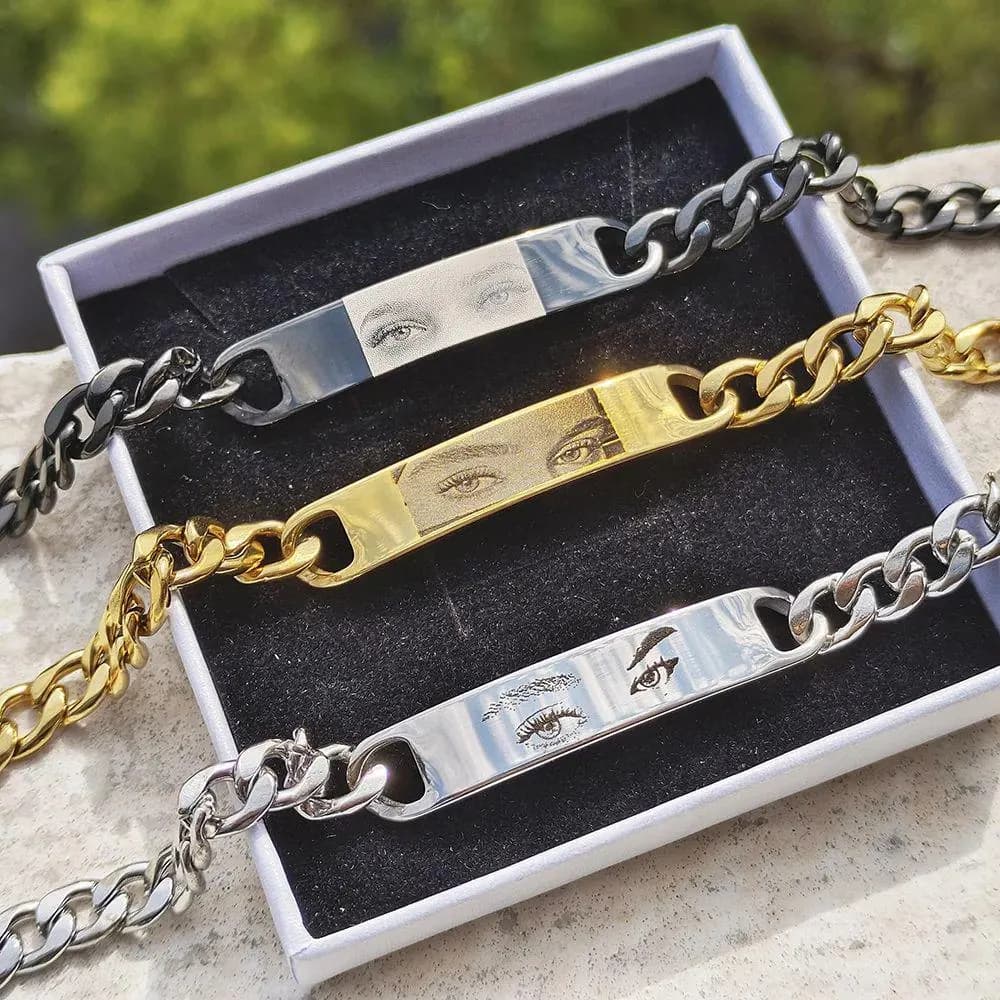 Personalized Eye Photo Bracelet, Engraved Stainless Steel Pendant, Couples Gift
