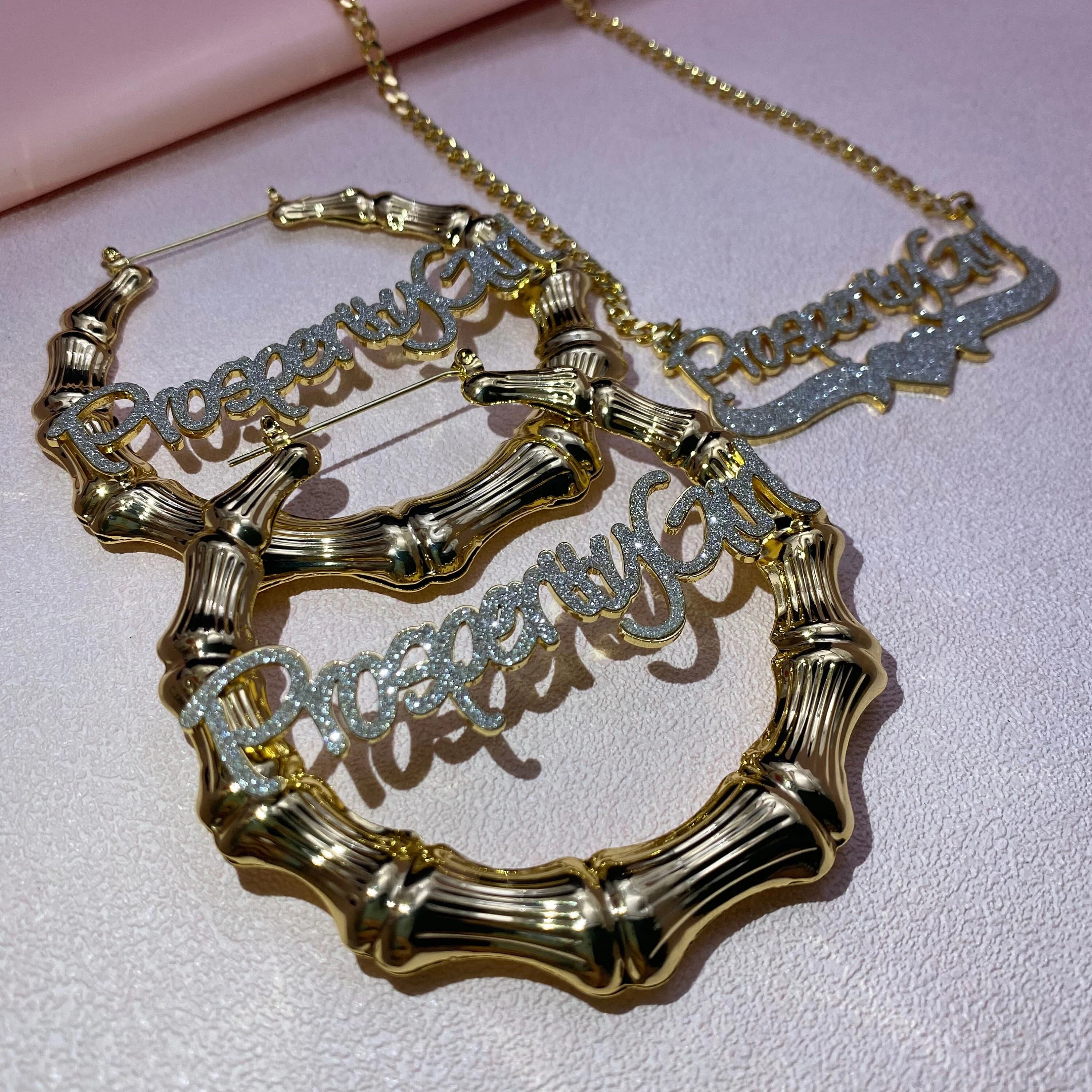 Custom Name Bamboo Earrings Necklace Set, Personalized Bling Jewelry