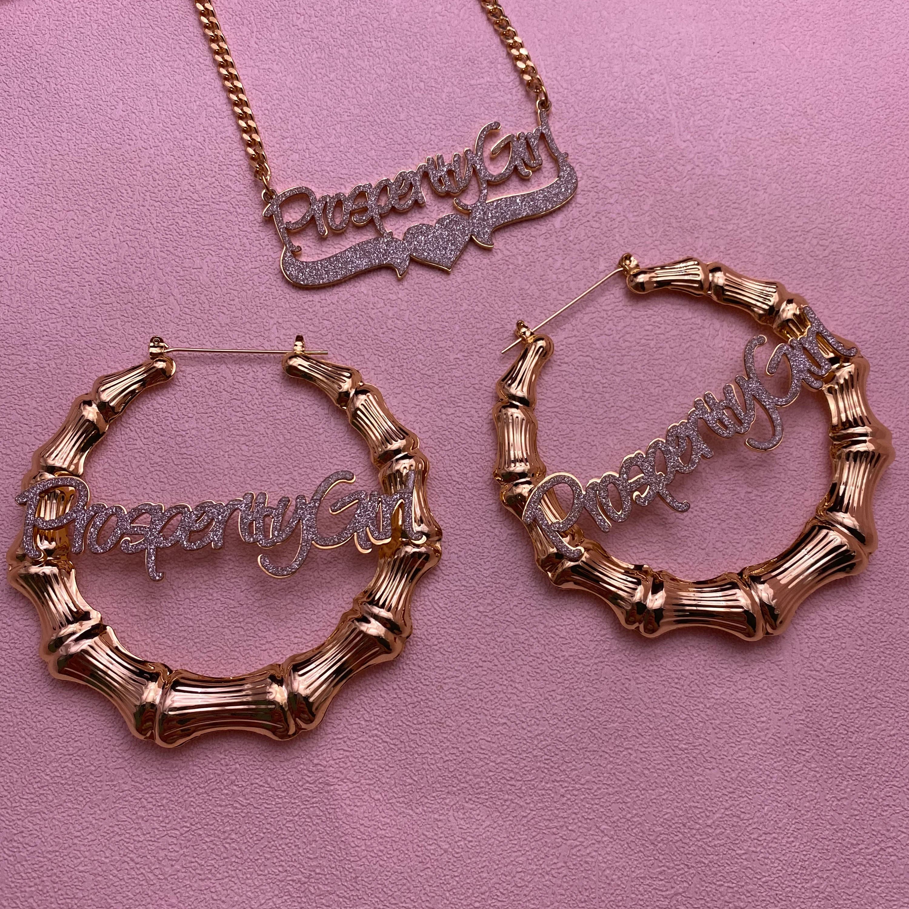 Custom Name Bamboo Earrings Necklace Set, Personalized Bling Jewelry - image 5