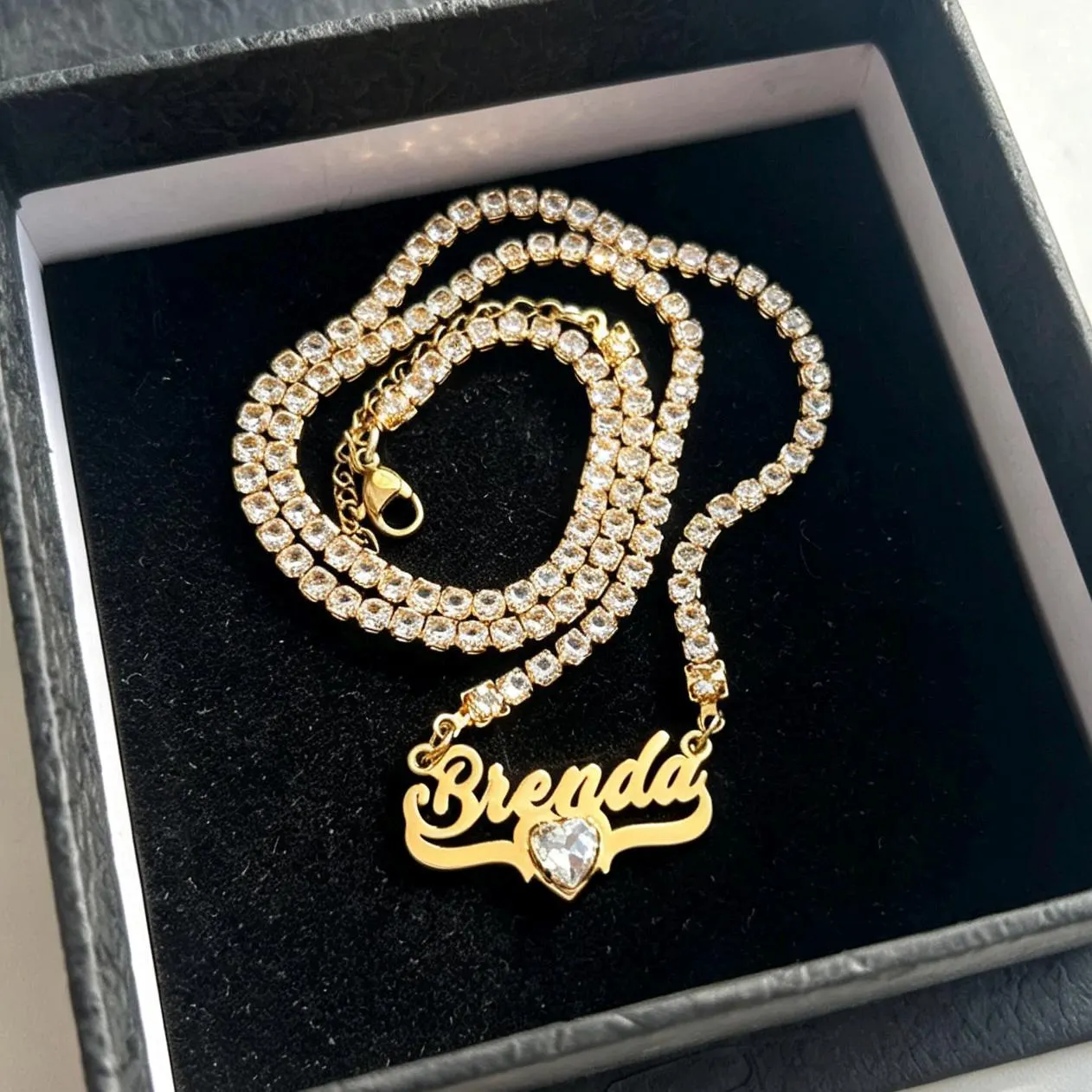 Custom Name Necklace with Heart: Gold Tennis Chain, Name Jewelry Gift for Women