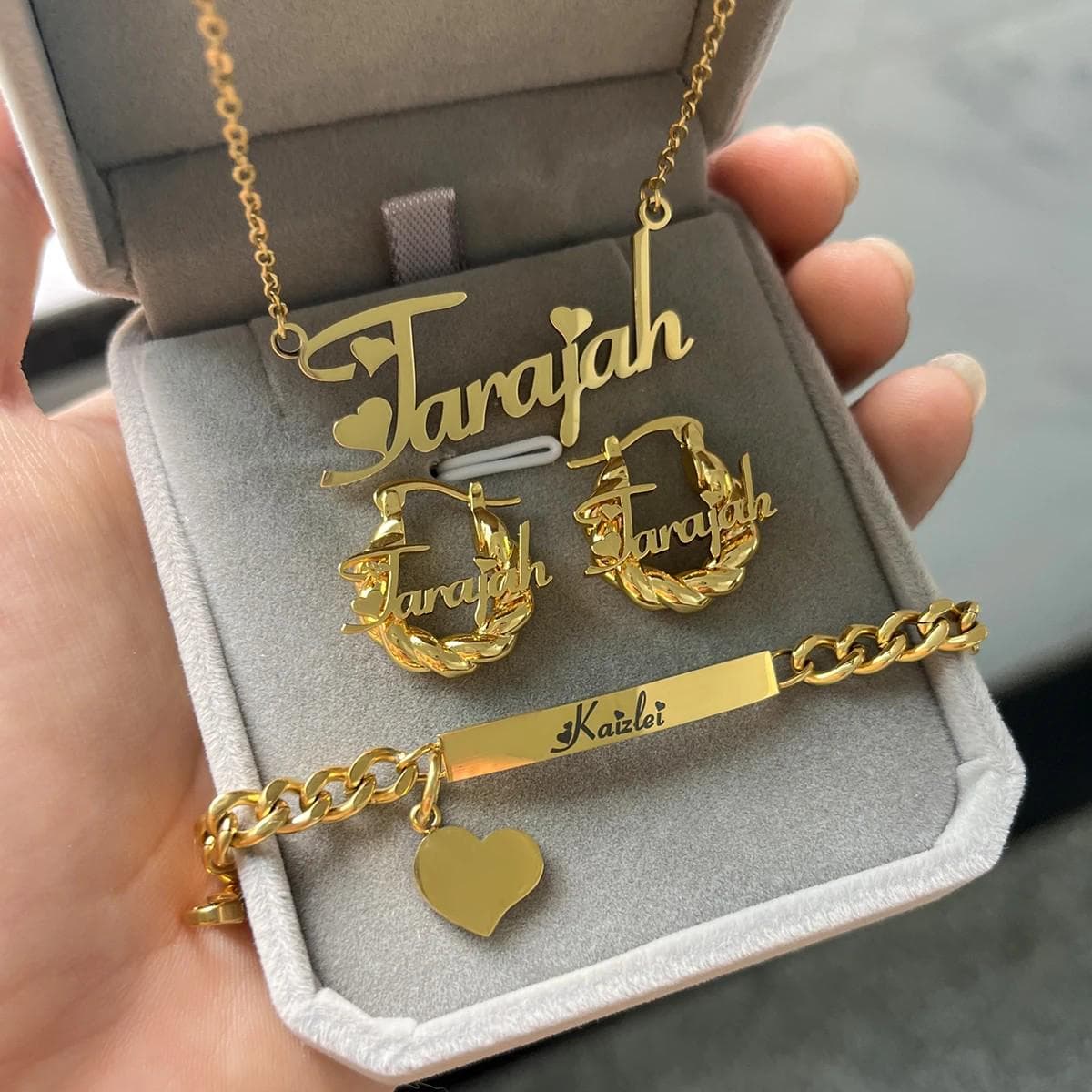 Custom Baby Jewelry Set, Kids Bangle Earrings, Nameplate Neckalce, Gold Name Bracelet, Name Plate Jewelry, Women Name Earring, Gift For Kids - image 4
