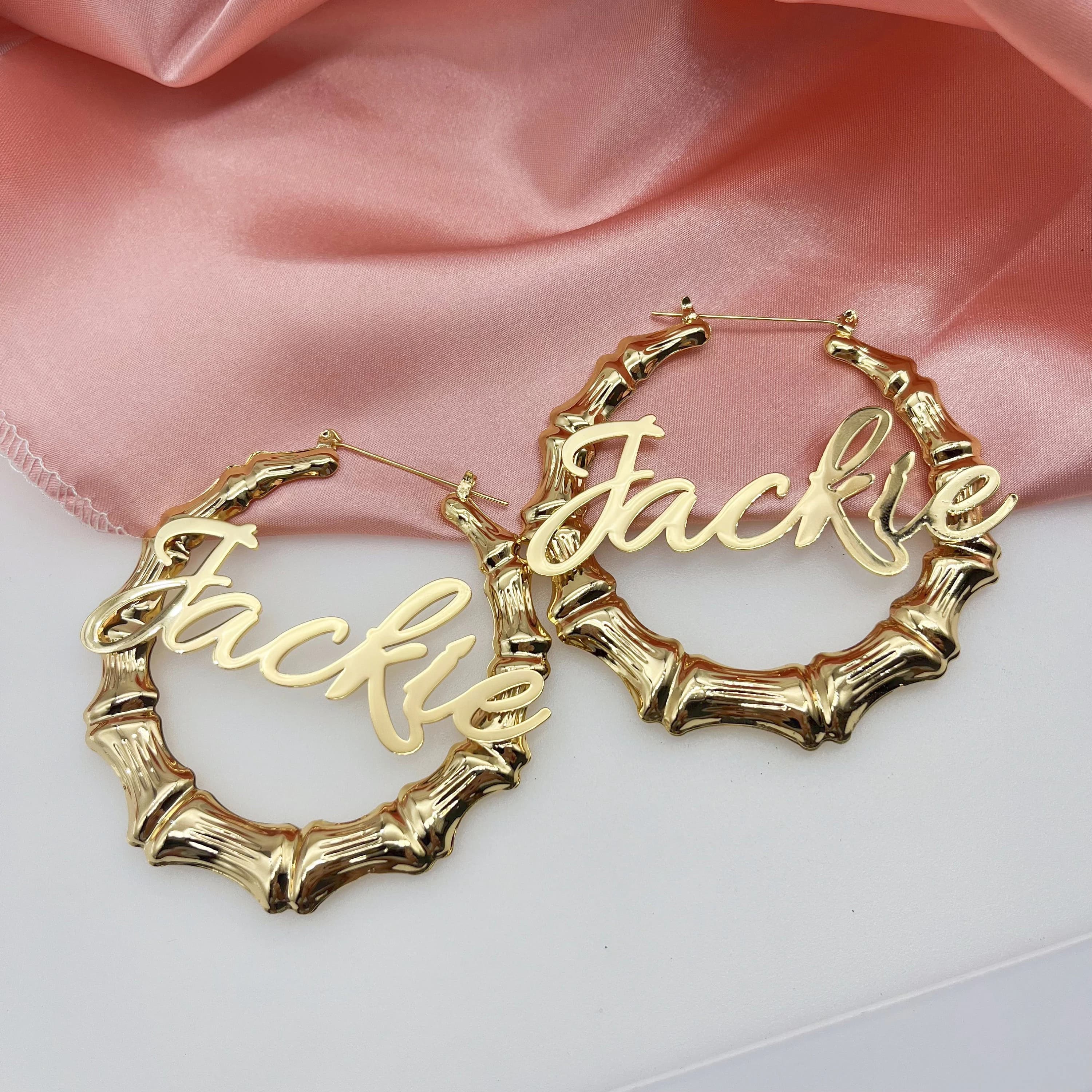 Custom Name Bamboo Hoop Earrings, Personalized Jewelry Gift - image 5