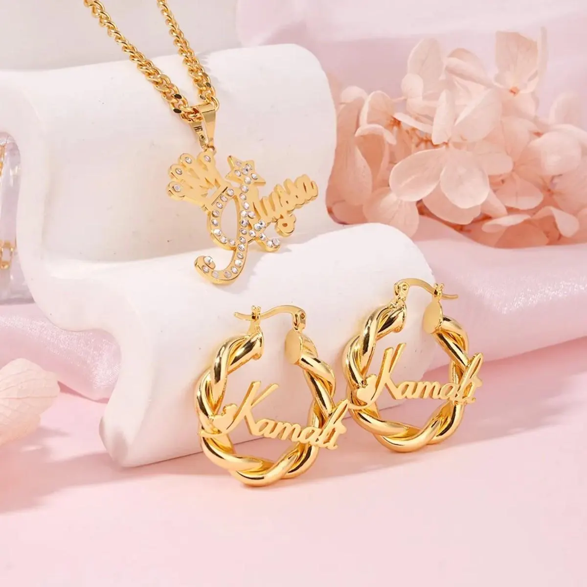 Custom Diamond Name Necklace and Hoop Earrings, Kids Jewelry Set - image 5