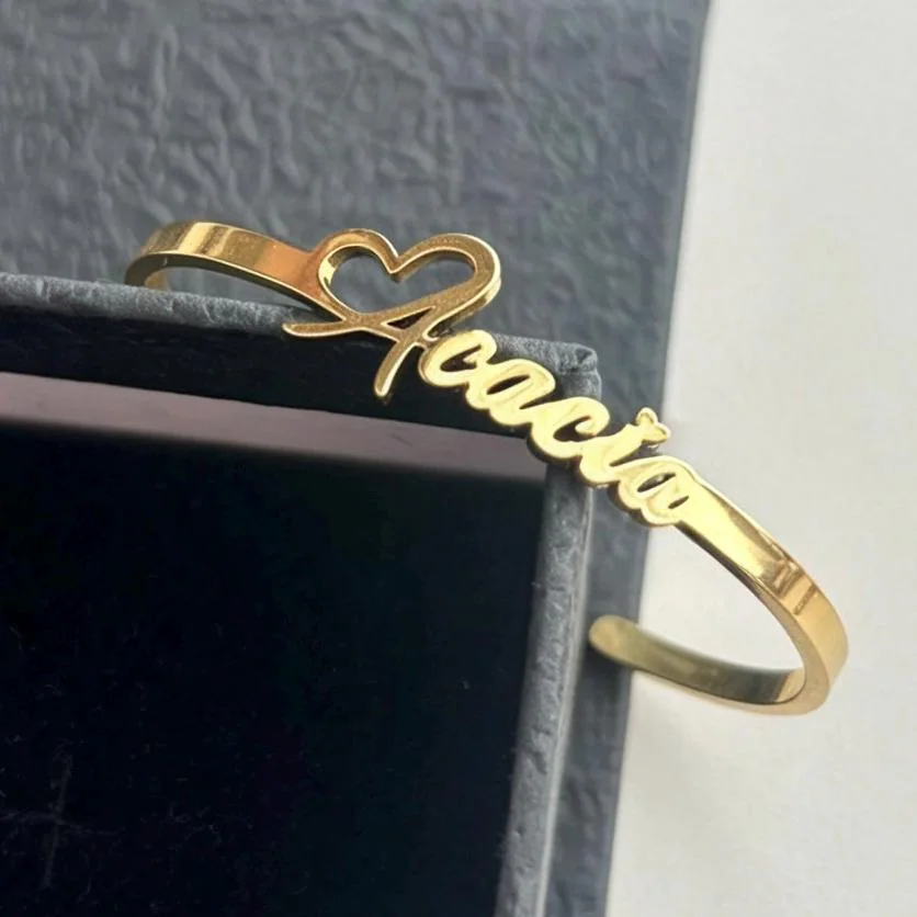 Custom Kids Name Cuff Bracelet: Gold Stainless Steel Open Cuff Bangle, Gift for Women - image 4
