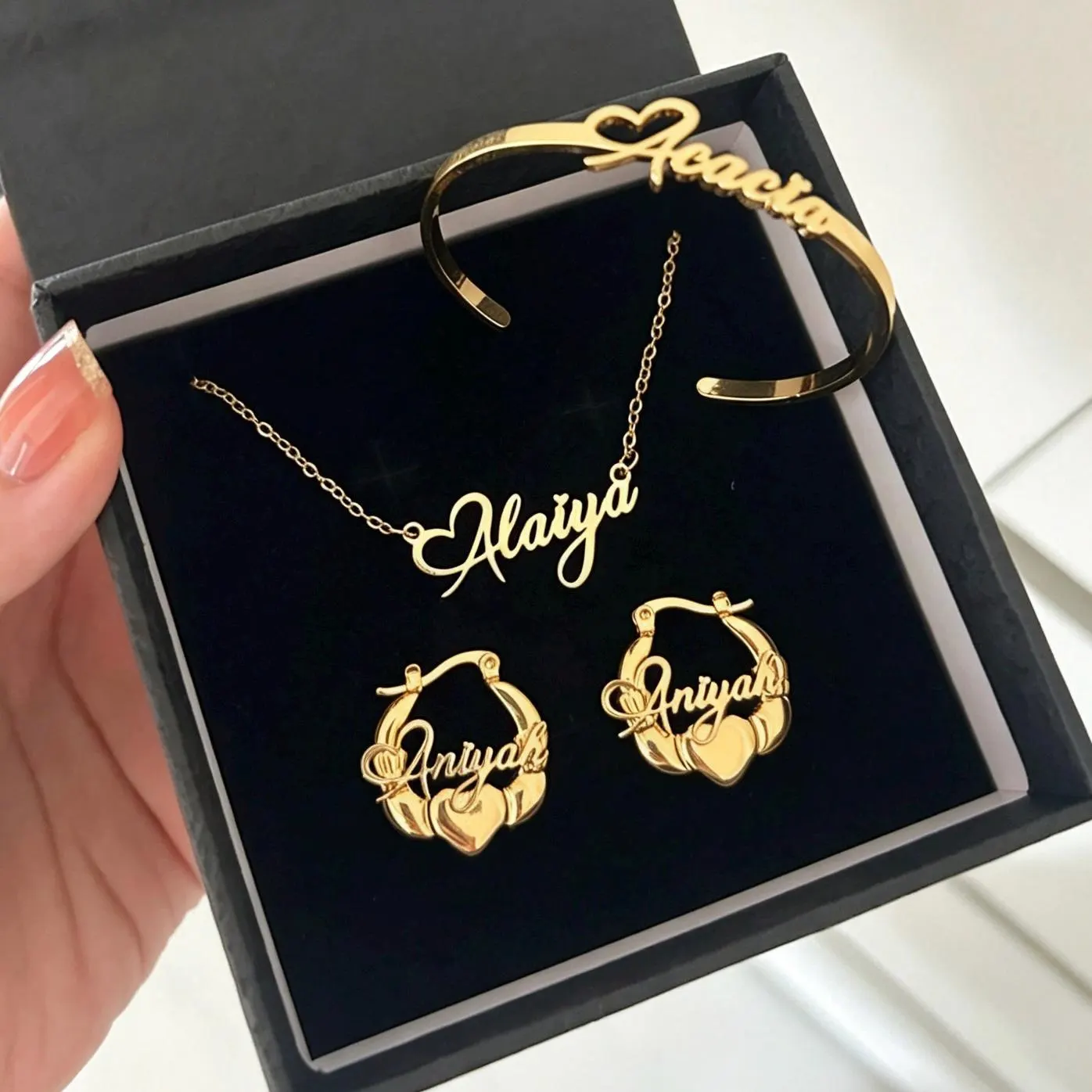 Custom Kids Name Jewelry Set: Personalized Earrings Necklace Cuff Bangle Gold Set