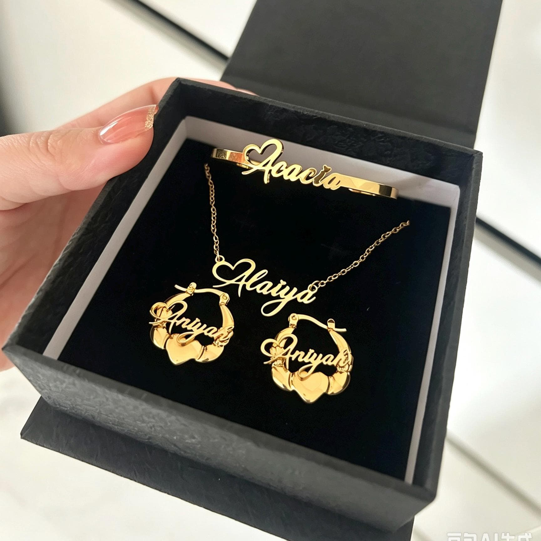 Custom Kids Name Jewelry Set: Personalized Earrings Necklace Cuff Bangle Gold Set - image 5