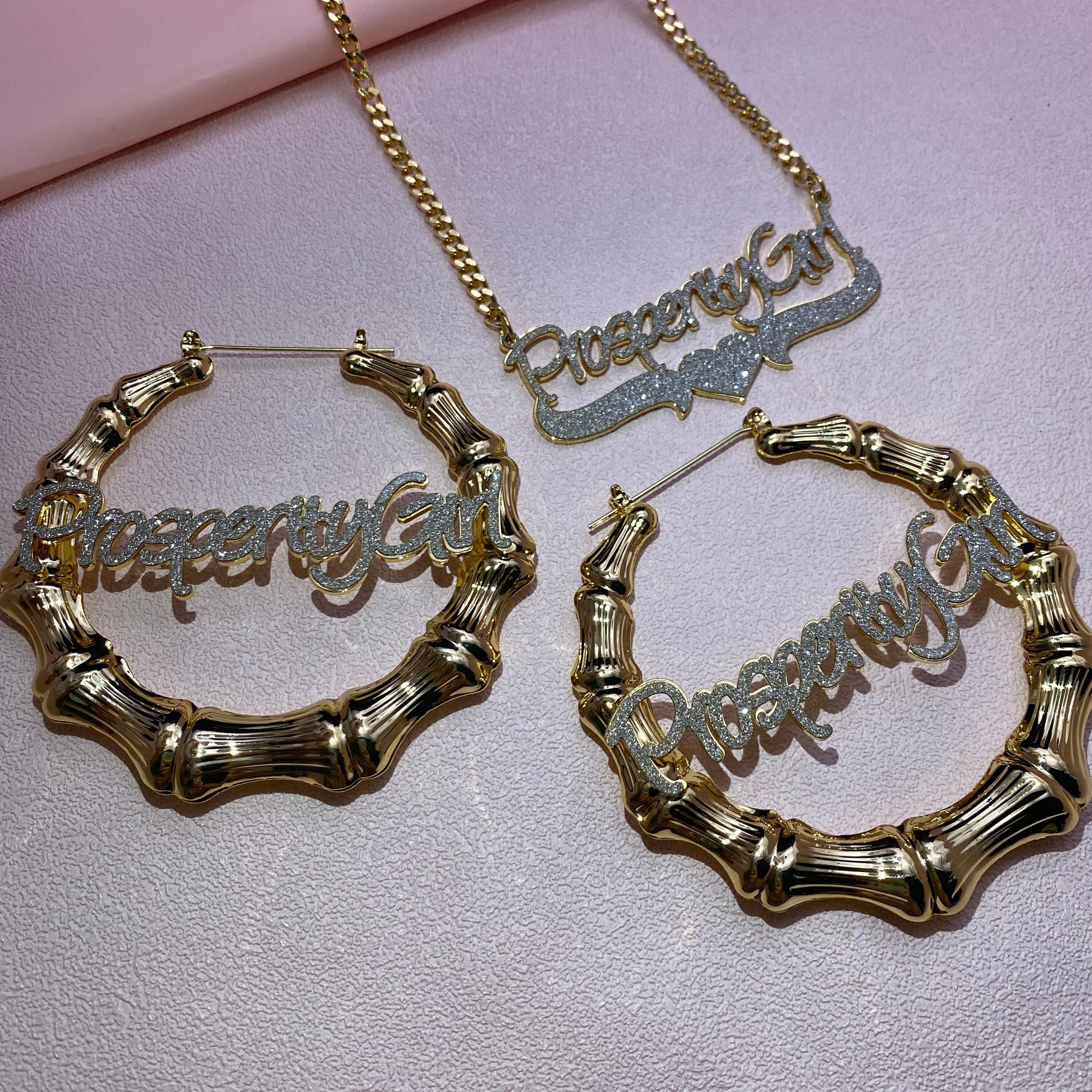 Custom Name Bamboo Earrings Necklace Set, Personalized Bling Jewelry - image 4