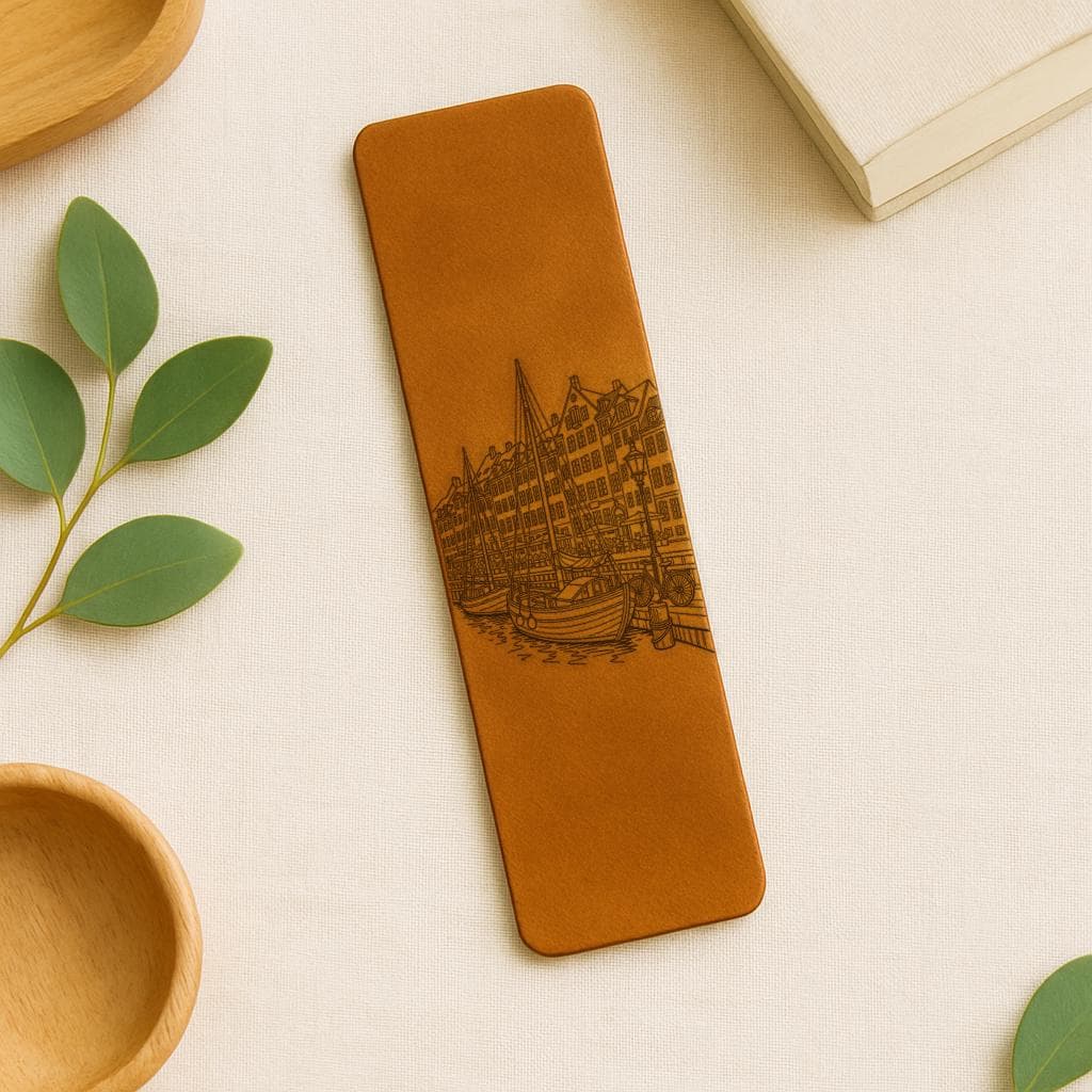 Copenhagen Nyhavn Harbor Travel Leather Bookmark, Denmark Waterfront Canal Houses Souvenir Bookmark, Genuine Leather Bookmark