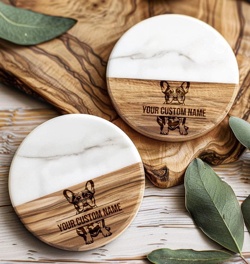 French Bulldog Coaster - Marble, Acacia Wood, Dog Lover Gift, Table Decor, Unique Coasters