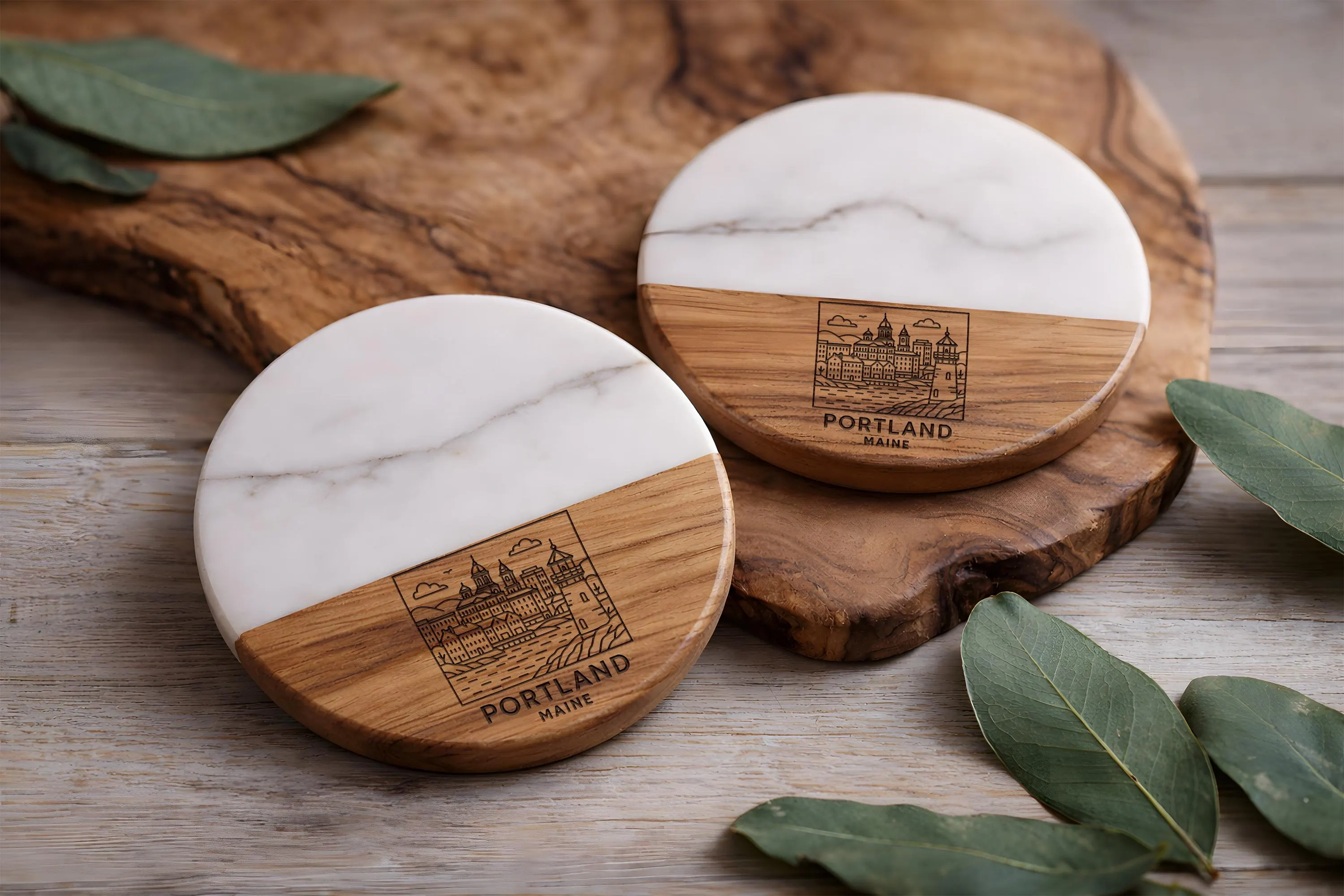 Portland Maine Coaster, Acacia Wood Marble Drink Coaster, New England Souvenir