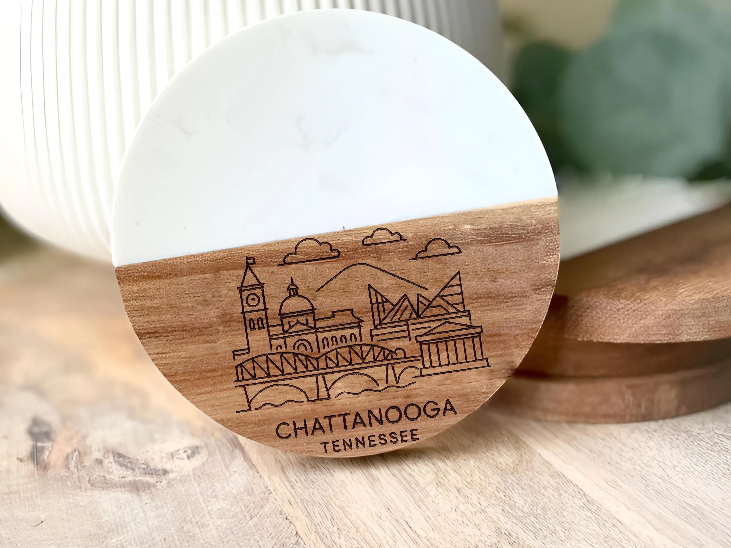 Chattanooga Tennessee Coaster Featuring Lookout Mountain, Walnut Street Bridge, and Scenic City Landmarks
