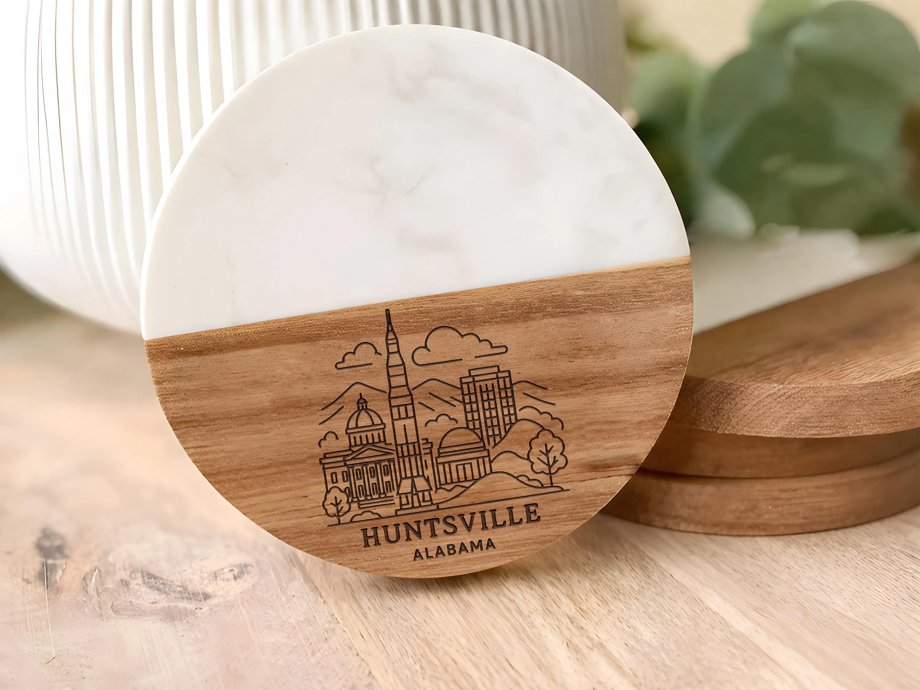 Huntsville Alabama Coaster, Acacia Wood Marble Drinkware, Rocket City Souvenir Keepsake