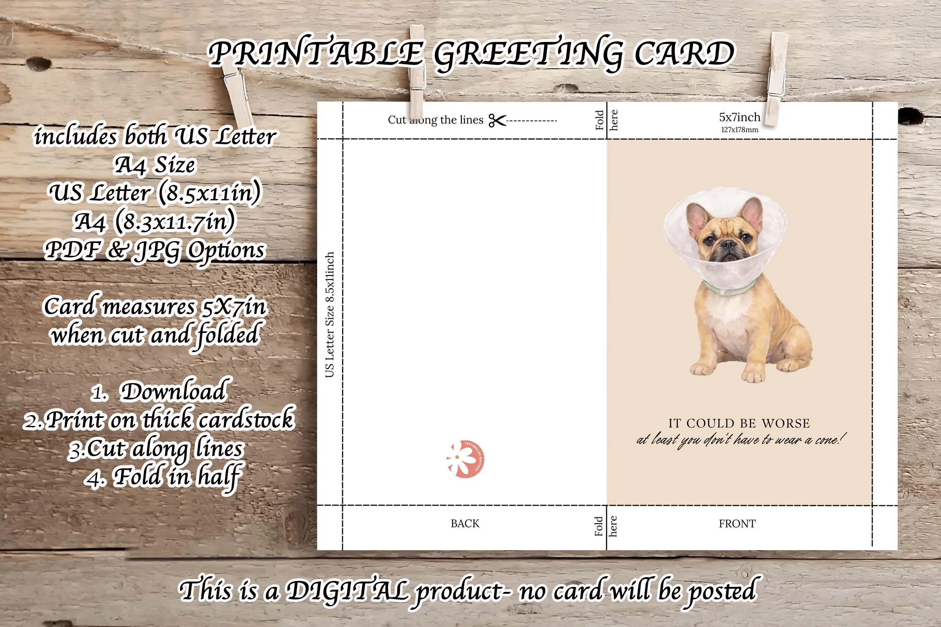 French Bulldog Get Well Card | Funny Dog Sympathy (Digital Download 5x7 PDF & JPG) - image 4