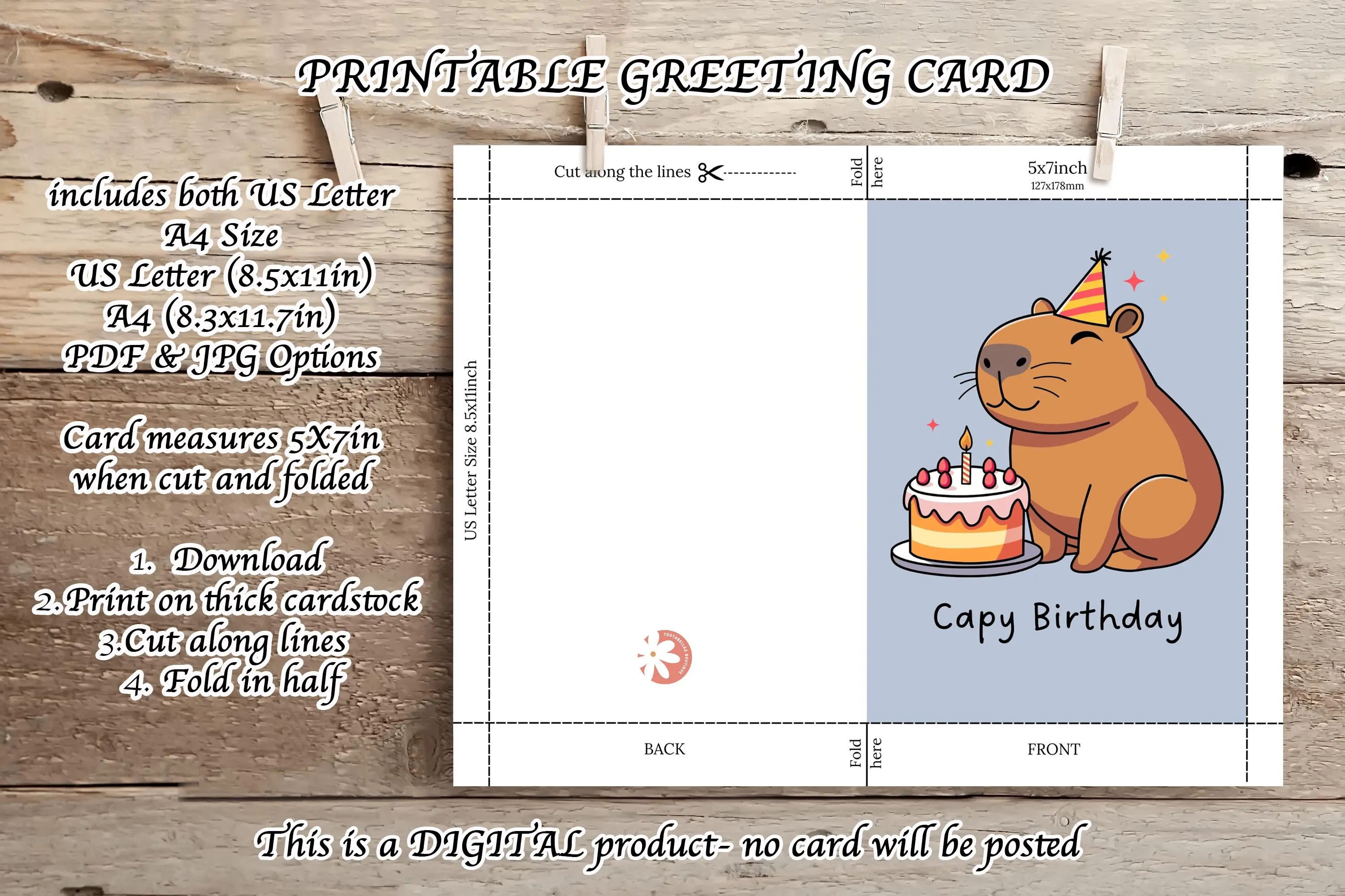 Cute Capybara Birthday Card – 5x7 Printable Greeting (Digital Download) - image 4