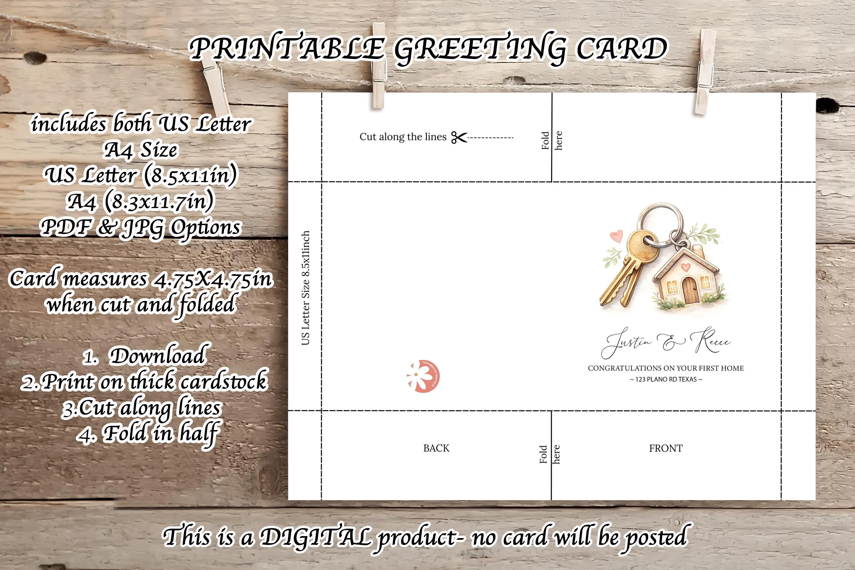 Personalised New Home Card Printable, First Home Congratulations Card, Custom Names Address Housewarming Digital Download - image 4
