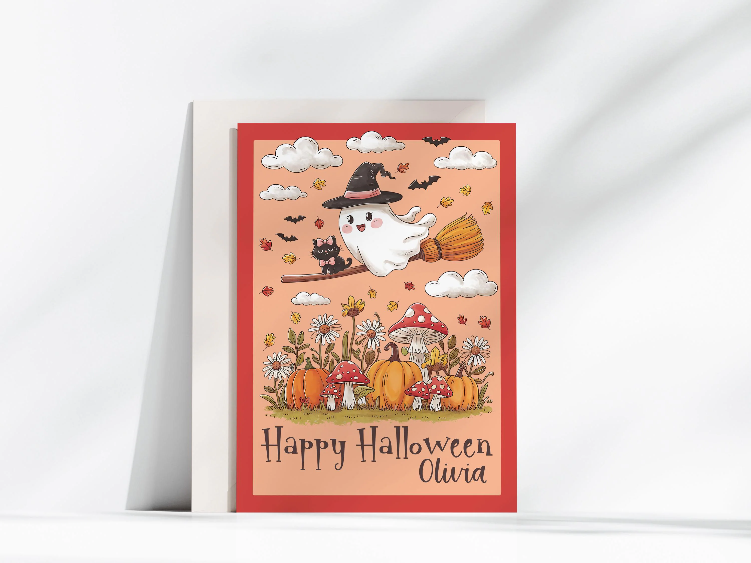 Custom Halloween Card for Kids | Cute Cat & Ghost on Broomstick | 5x7 Printable Greeting | Fall Sunflowers | Happy Halloween with Name Card - image 3