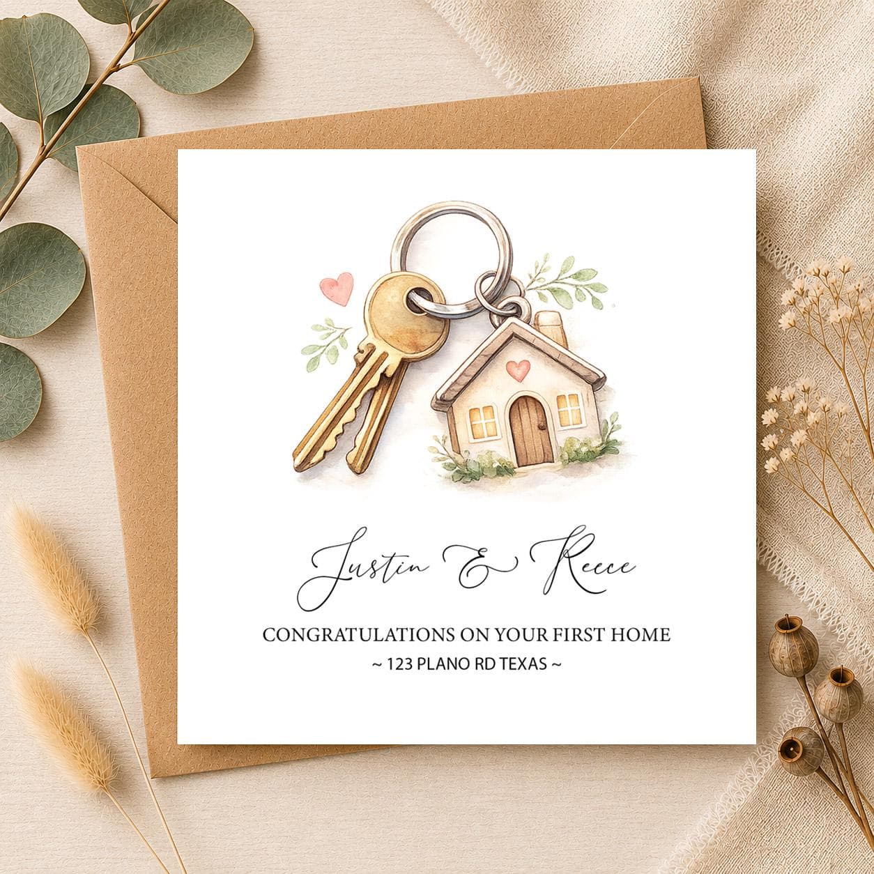 Personalised New Home Card Printable, First Home Congratulations Card, Custom Names Address Housewarming Digital Download