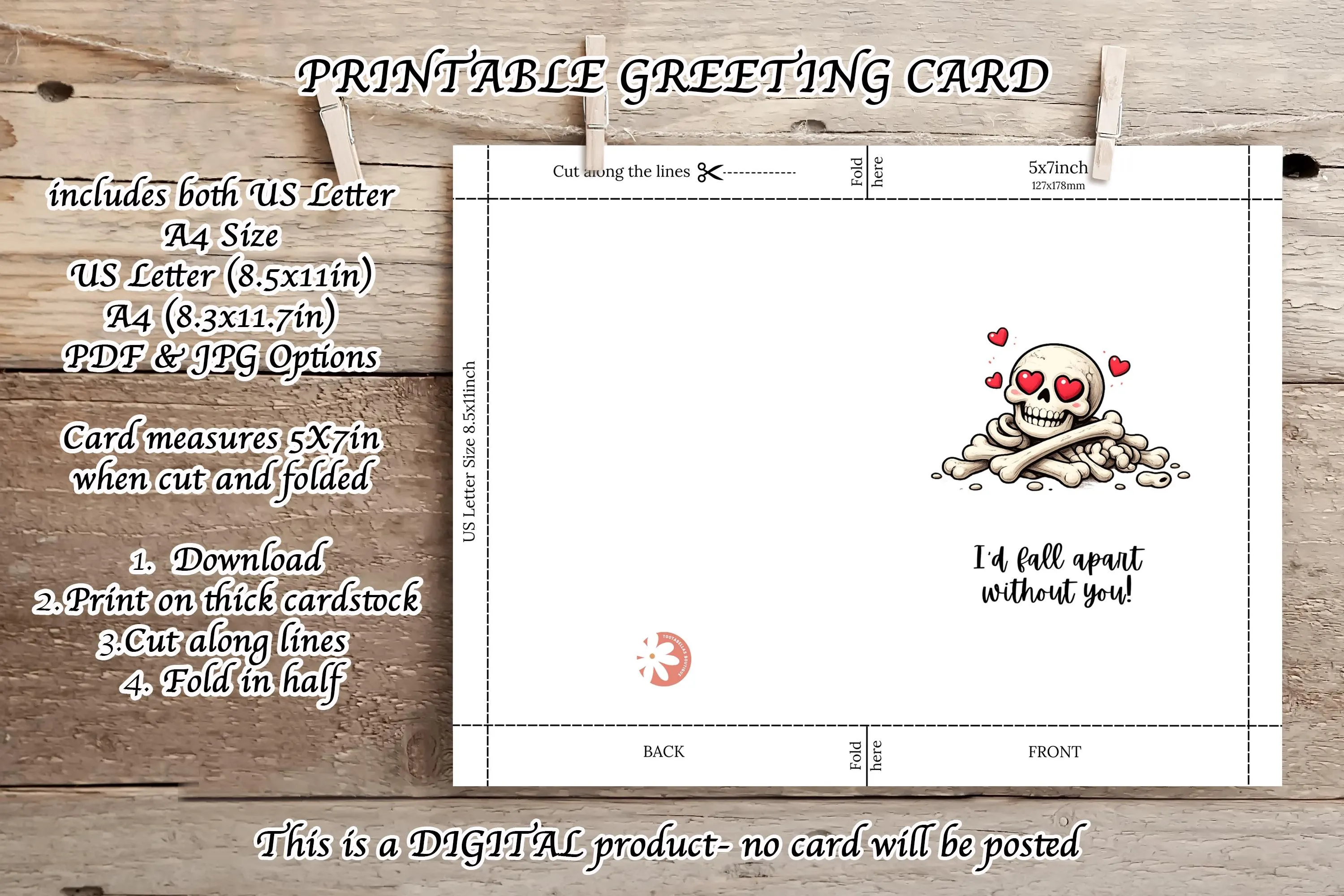Funny Skeleton Love Card | Gothic Valentine Printable (5x7) - image 4