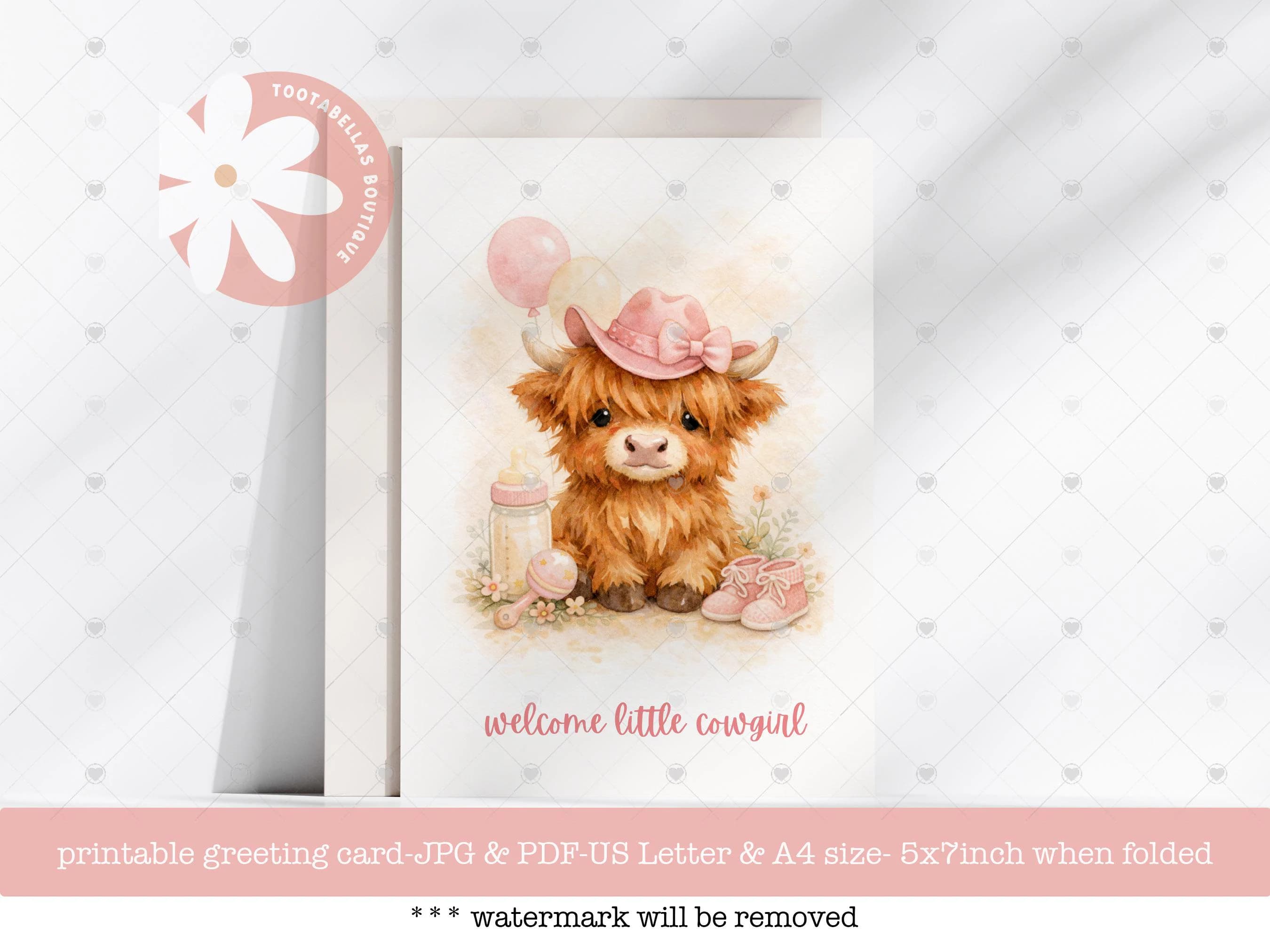 Welcome Little Cowgirl Card Printable, Baby Girl Western Card, Highland Cow Baby Card, New Baby Girl Card, 5x7 Digital Download