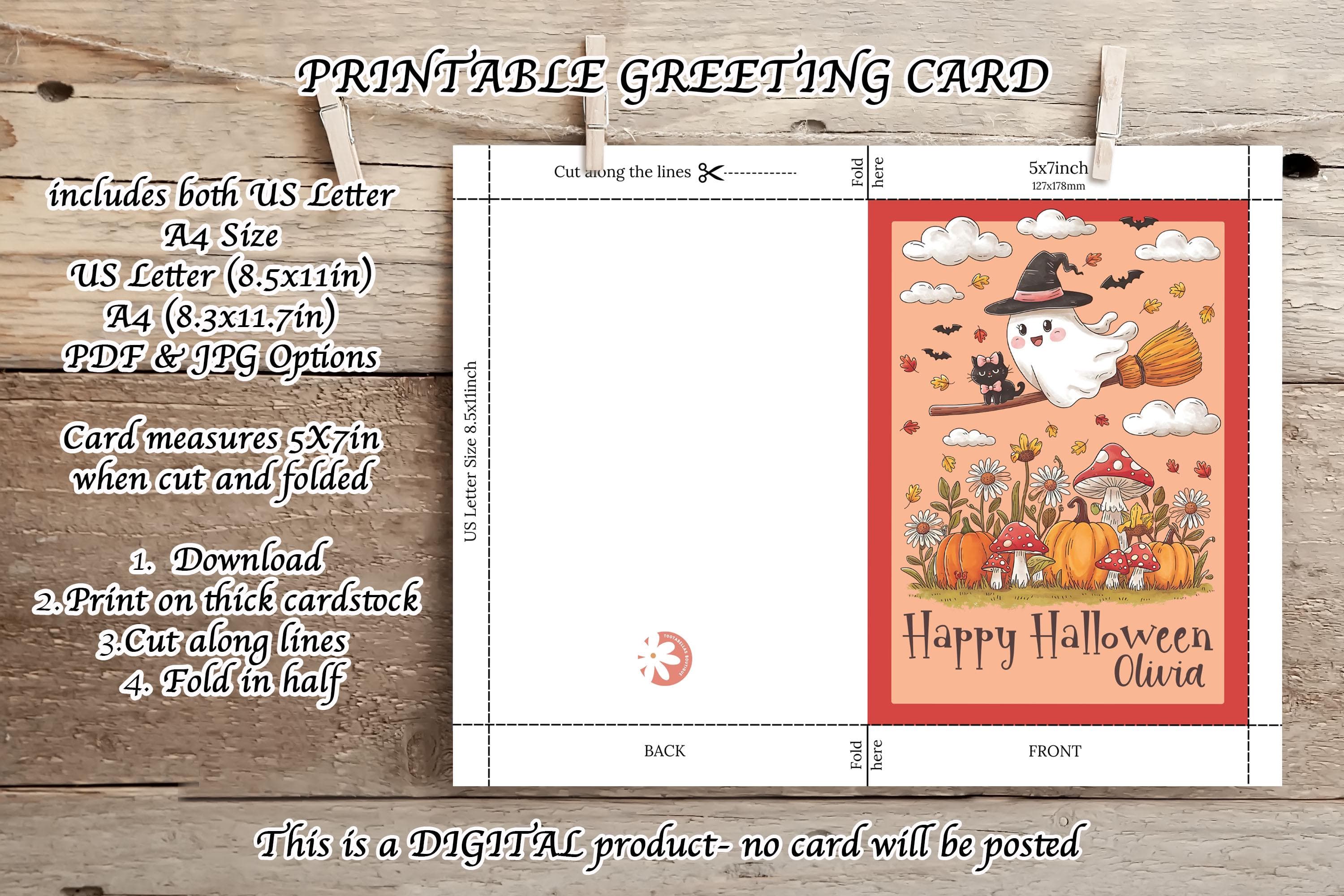 Custom Halloween Card for Kids | Cute Cat & Ghost on Broomstick | 5x7 Printable Greeting | Fall Sunflowers | Happy Halloween with Name Card - image 4