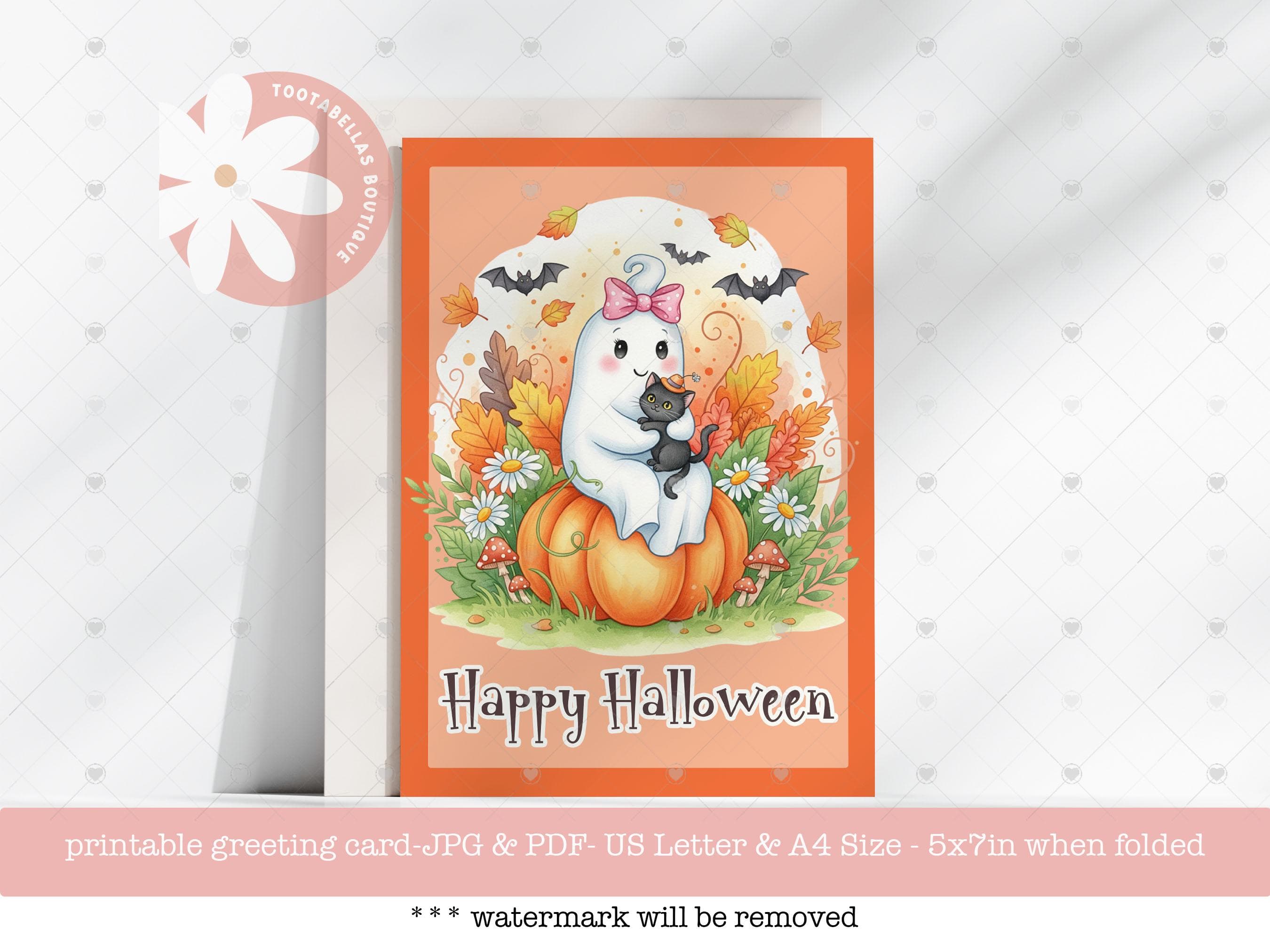 Cute Ghost & Cat Halloween Card Pastel Halloween Card | 5x7 Instant Download Halloween Greeting Card | Kids Whimsical Ghost Halloween Card