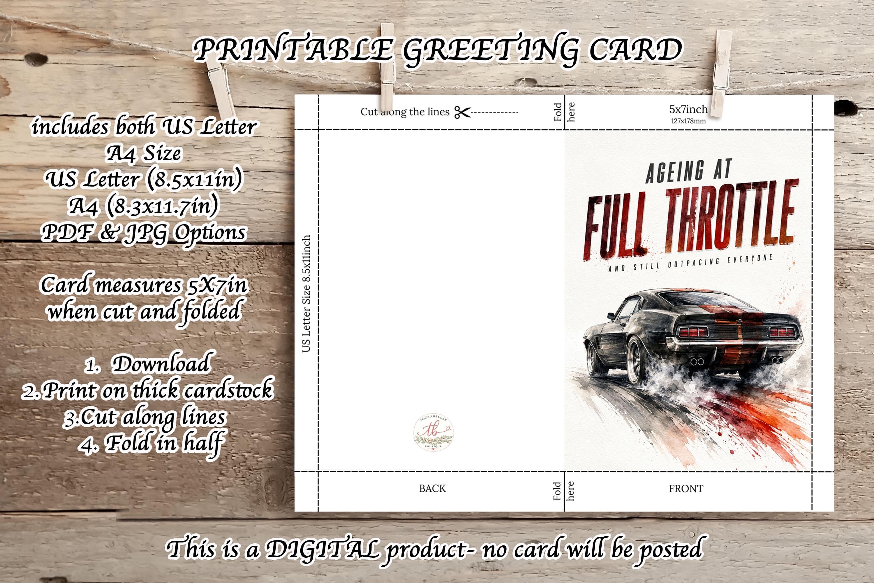 Funny Car Birthday Card Printable, Ageing at Full Throttle, Muscle Car Card for Him Dad Husband, 5x7 Instant Digital Download - image 4